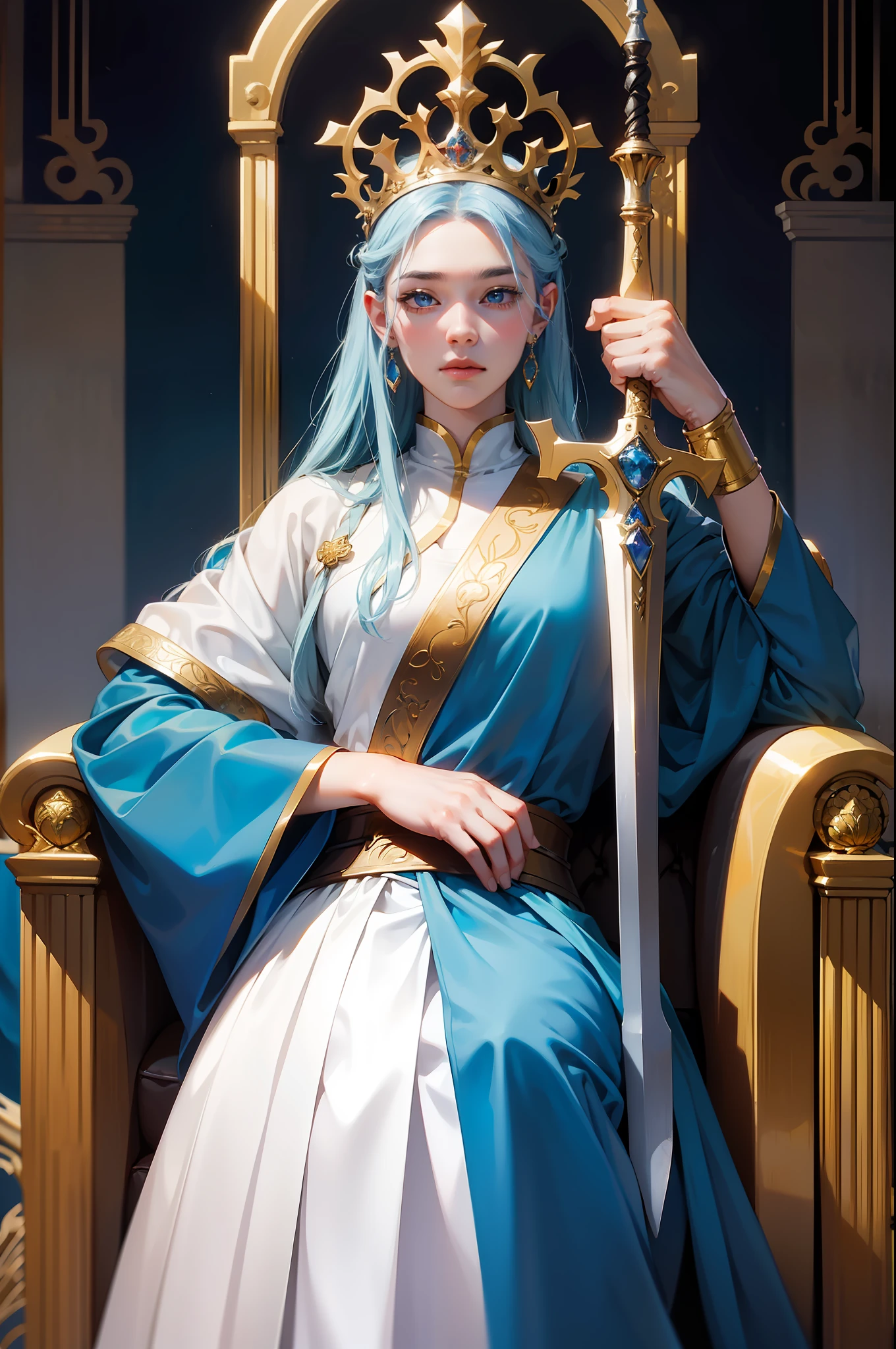 A masterpiece of oil painting,Ultra high quality,high detal,plethora of colors,A girl wears a crown on her head,Cool white skin,blue color eyes,cabellos largos dorados,Golden clothes from the European Middle Ages,There is a throne behind it,Facing the screen,Scepter in hand,The expression is majestic,A guard wearing silver armor and holding a long sword beside him。