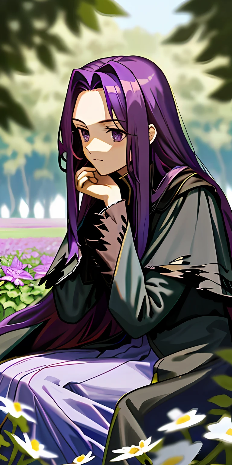 (tmasterpiece,best qualtiy),1 long purple-haired royal sister sitting in a field of greenery and flowers,her hand under her chin,warmly lit,black greatcoat,torn laundry,Blurred foreground