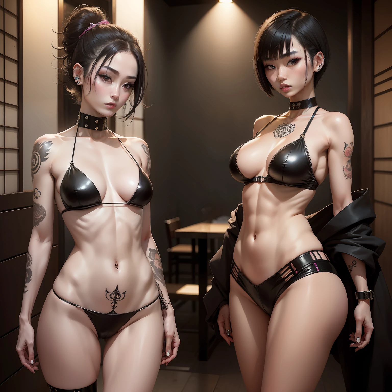 Pale woman, Asian woman, mulher japonesa, peitos pequenos, coxas perfeitas, Shoker, BDSM, Garota Punk, olhar sedutor, paraphernalia, jewelries,ABS Tatuagem, skinny girl, piercings, tall girl, short hair, dark hair