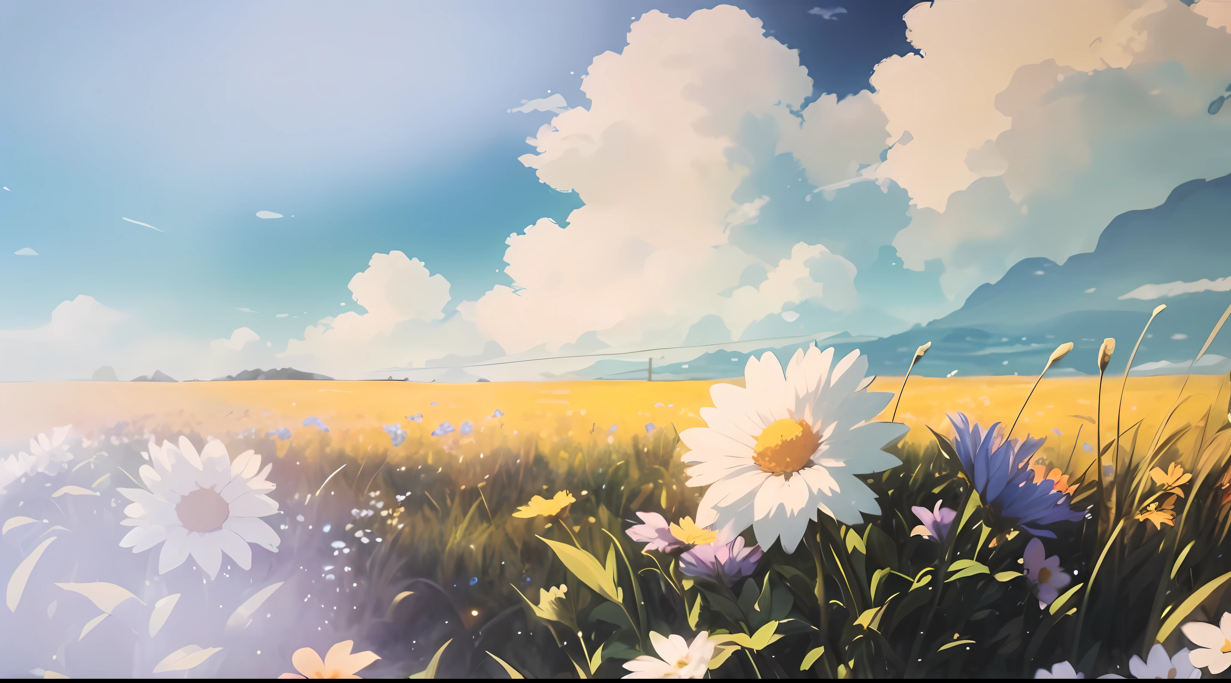 pintura de um campo de flores, margaridas brancas, gramado verde, with a blue sky background with white clouds, dia lindo, vivid, (sem desfoque) ( ( Makoto Shinkai ) ), studio glibly makoto shinkai, bela cena de anime, fundo do filme anime, Fundo do anime, anime bela cena de paz, Estilo Makoto Shinkai, arte de fundo do anime, Por Makoto Shinkai, Por Makoto Shinkai