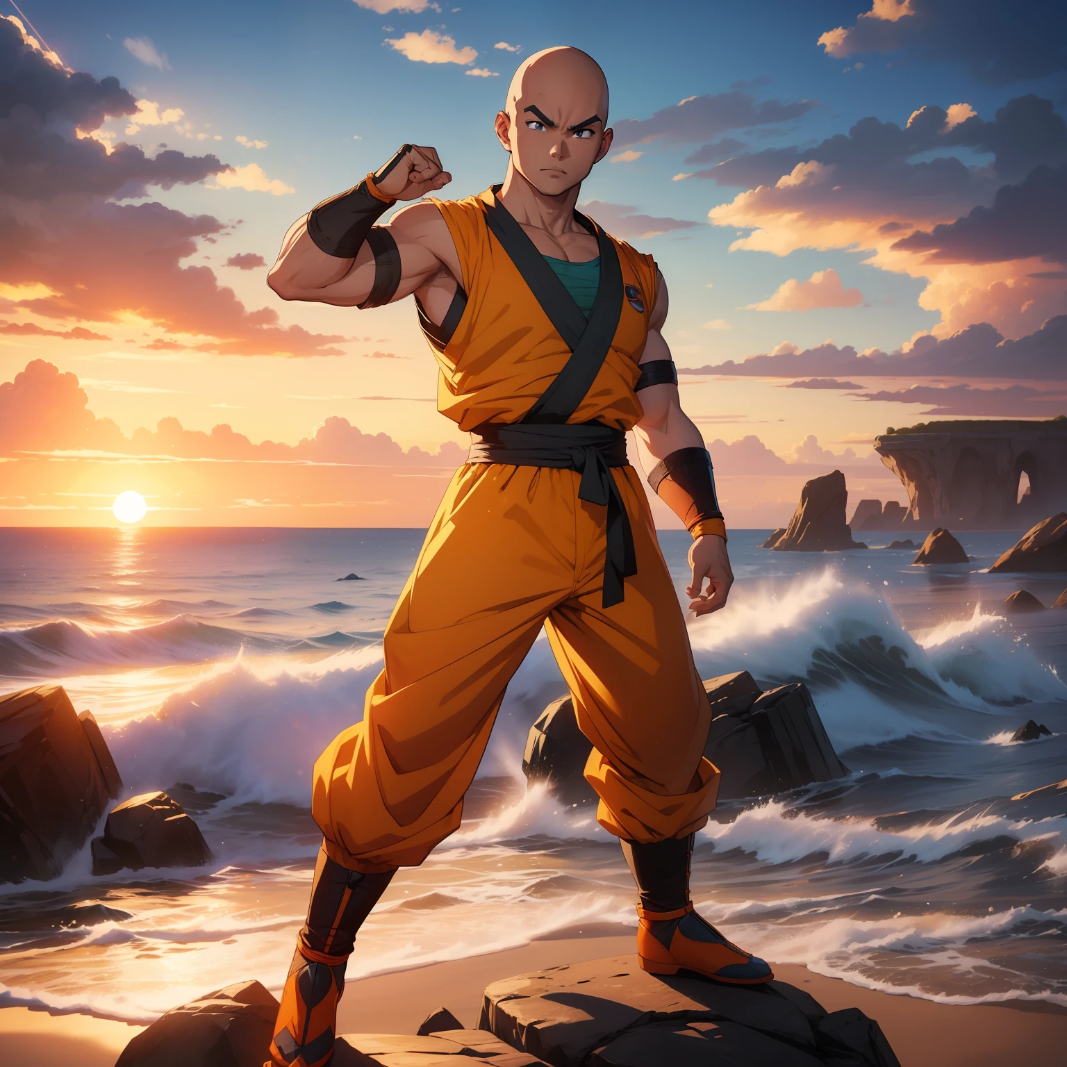 (masterpiece), best quality, ultra-HD, photorealistic, cinematic, ultra-detailed, 8k resolution, Krillin, 1 boy, (full body view), ((standing straight)), 5 feet height, from head to toe visibility, perfect anatomy, bald head, realistic hair, perfect eyes, realistic eyes, detailed eyes, perfect hands, short height, orange martial arts costume, sunset, mountain, sea, anime character standing on a rock overlooking the ocean at sunset, photorealistic human Krillin, human Krillin, badass anime 8 k, goku from dragon ball, Krillin from dragon ball z, Krillin from dragonball z, anime style 4 k, handsome anime pose, Krillin as an asian man, highly detailed exquisite fanart, highly detailed portrait of Krillin, portrait of Krillin