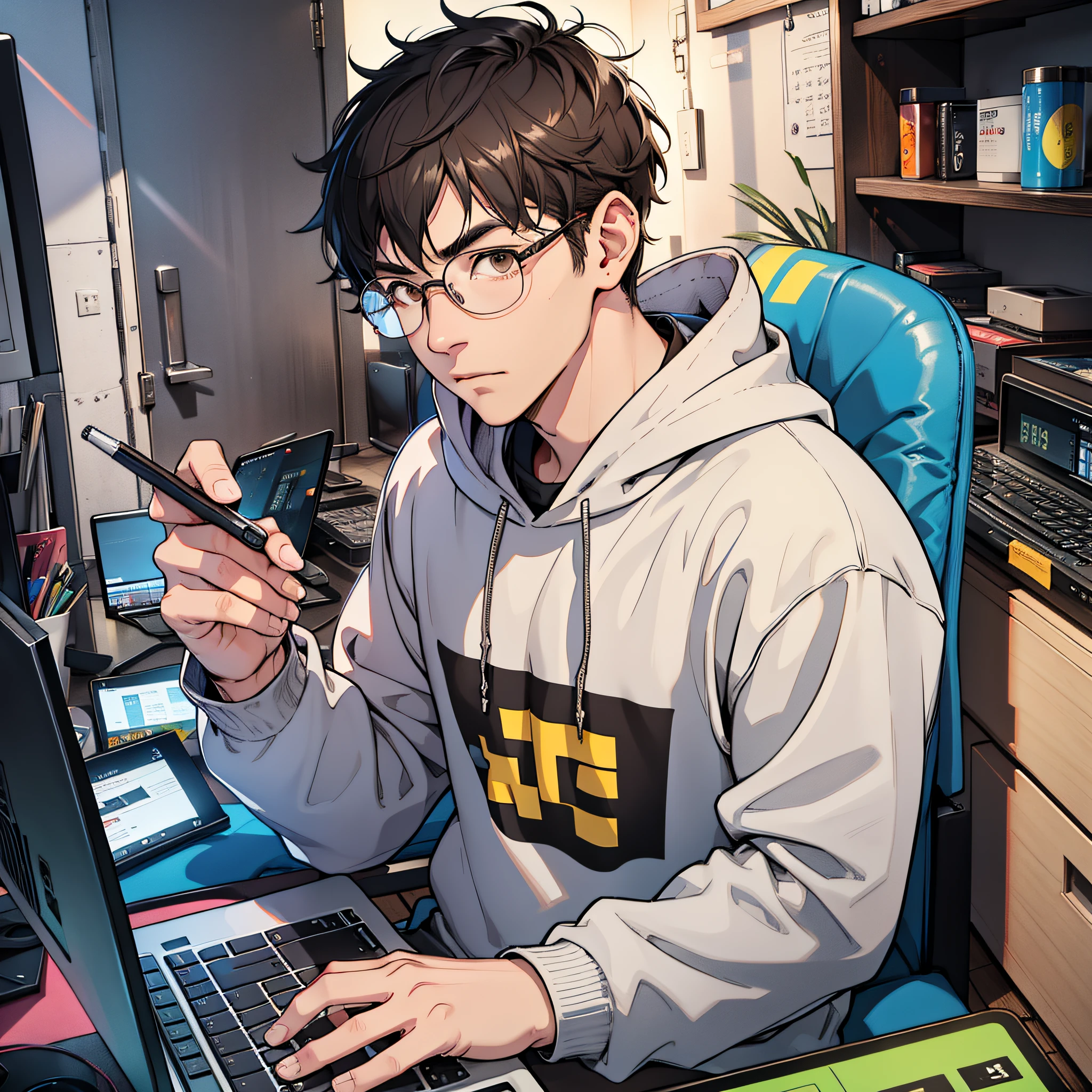 Working with a laptop、A dark-haired、Brown-eyed、Adult man in grey hoodie sweatshirt、Mid-30s、独奏、manly、robust、Only one person、Round glasses、Medium Hair、Shearing hair on the sides and back、colourfull、Dynamic backgrounds、element、self-assured、expresive、An majestic、moderno、Trendy、Fashionable、Looking at a computer screen