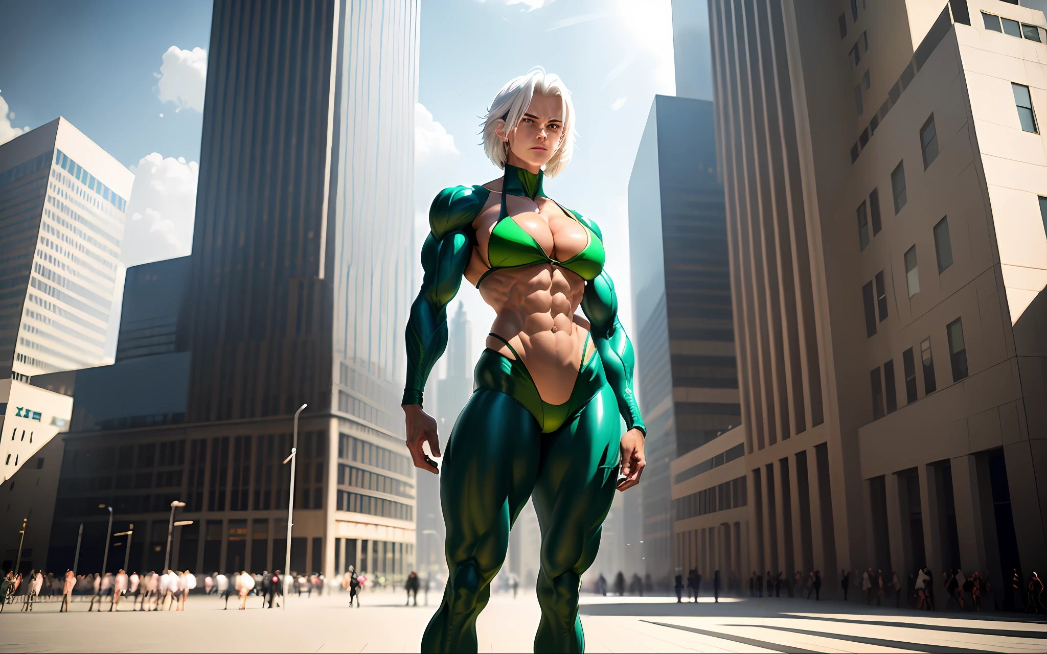 (tmasterpiece), (best qualtiy),A detailed ,femele,Beautiful women, with short white hair,Eight-pack abs,Expose abs,(body builder:1.6),The muscles are huge,Muscular limbs,Green ultra-high fork ultra-deep V conjoined bikini,Body facing the camera,arms stretched wide,Incredibly huge breasts,Light shines from the front,Higher than the building,multiple persons,urban backdrop,A five-meter-tall giant,Faraway view,The perspective is zoomed out