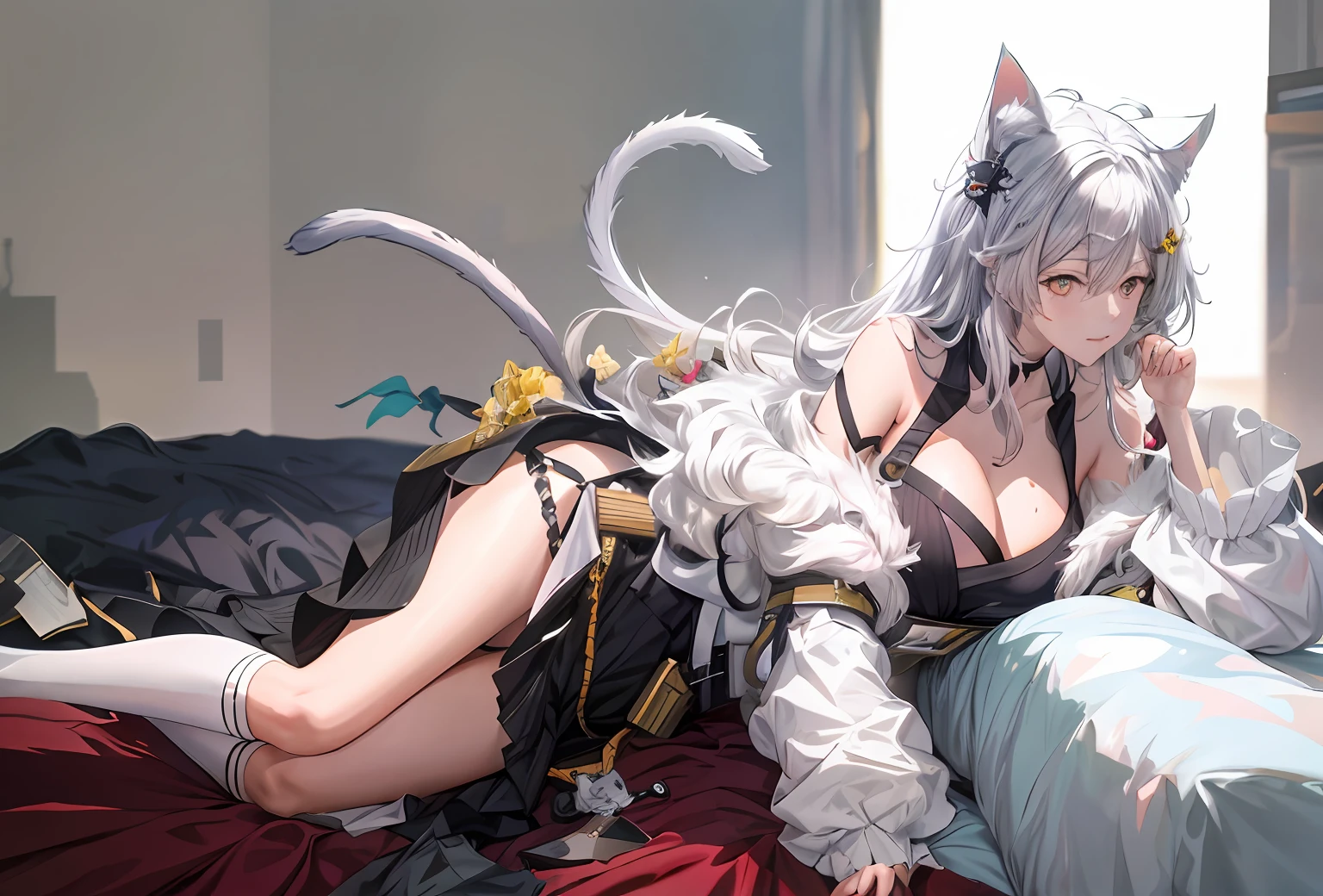 Anime girl lying on bed,Has cat ears and a cat tail, from girls frontline, Guweiz in Pixiv ArtStation, Guweiz on ArtStation Pixiv, White Cat Girl, From Arknights, trending on artstation pixiv, pixiv 3dcg, Digital art on Pixiv, author:Shitao, White-haired fox