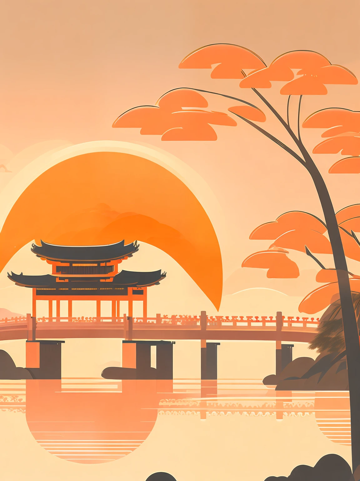 View of ancient pavilions,There is a bridge(Hangzhou style ancient bridge style),Someone is crossing the bridge,There is a pine tree in front and behind the bridge,The visual has a depth of field effect,Minimalist style,Orange shades,There is a red sun,Japanese illustration simple line design,rzminjourney,vectorial art