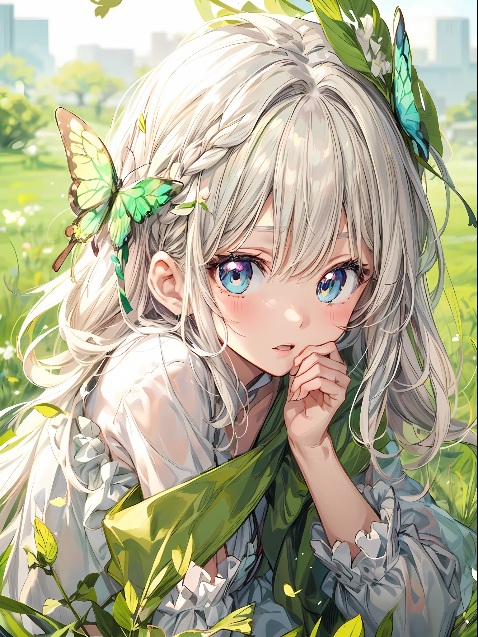 anime girl with butterfly headband laying in grass with flowers, anime visual of a cute girl, beautiful anime portrait, cute natural anime face, cute anime girl, beautiful anime girl, cute anime girl portraits, young anime girl, cute anime girl portrait, clean detailed anime art, pretty anime girl, beautiful anime, extremely cute anime girl face, detailed portrait of anime girl