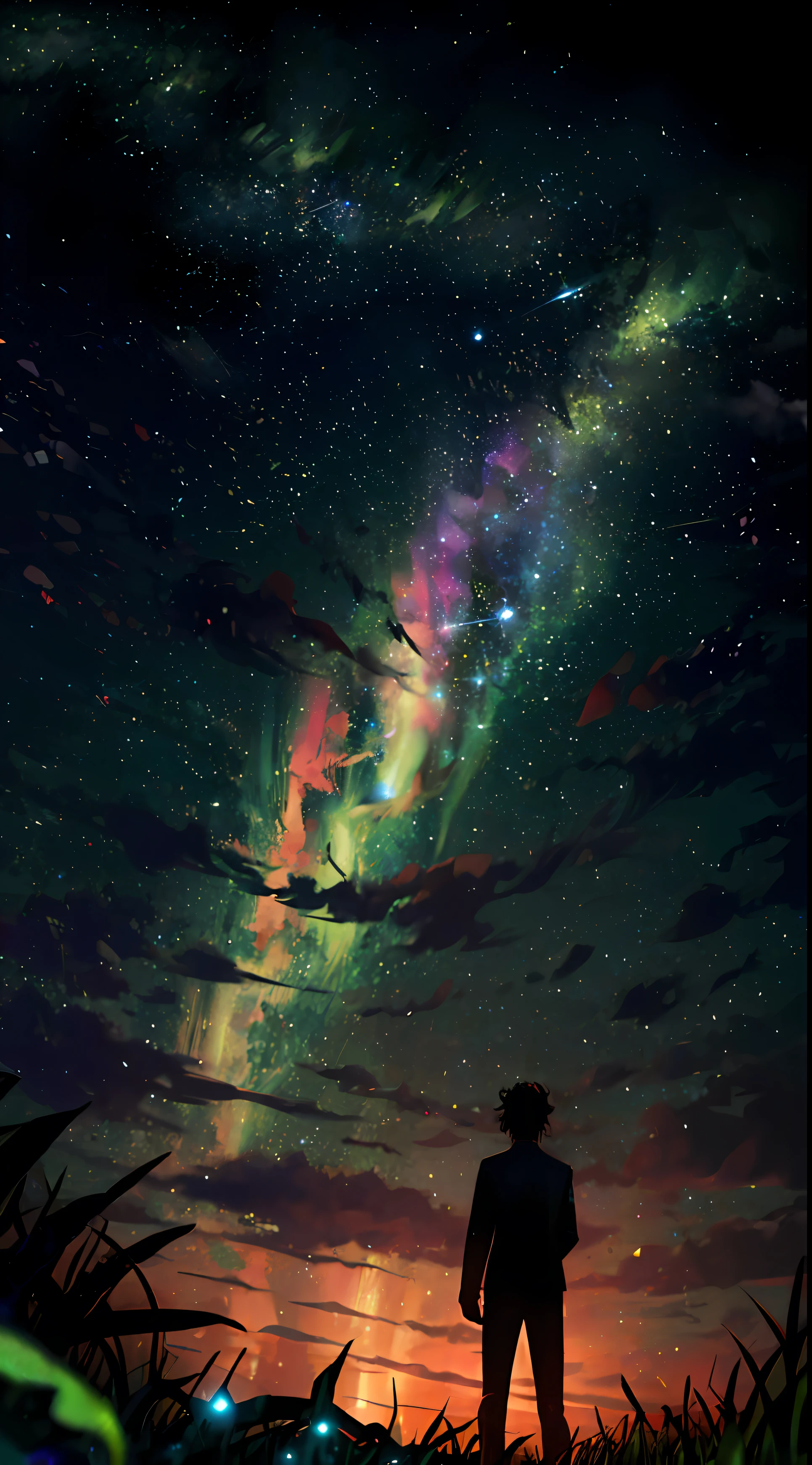 独奏,A young man gazed at the stars in the distance,(zoomout:1.1),(meteor shower:1.2),(comets:1.1),Your name,low angles,From behind,aurora borealis,meteors,SakuraNS,standing in a field,Best quality at best,tmasterpiece,clouds,Stars,Colored luminous dots,Starry,As estrelas