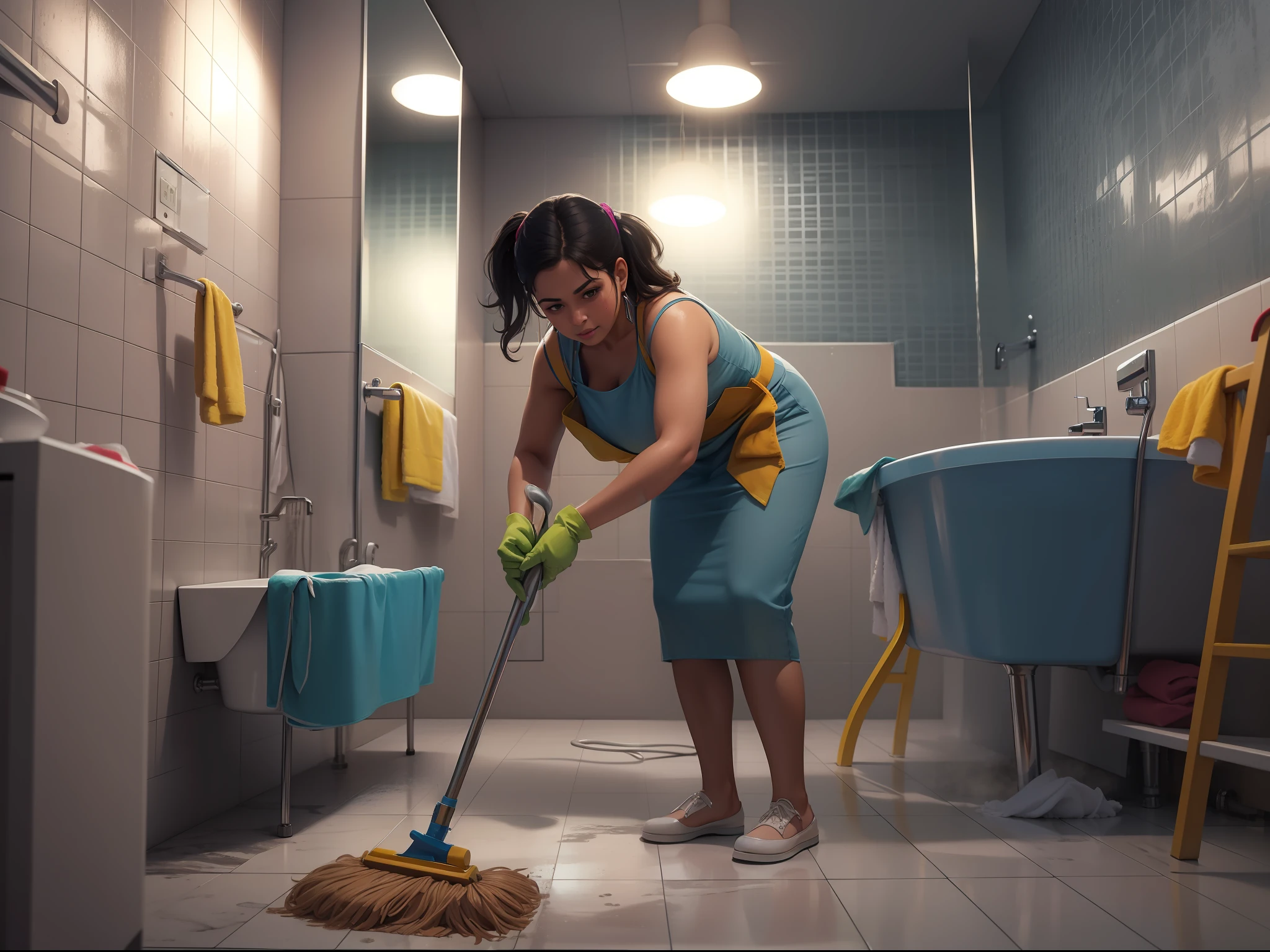 Latino cleaning lady mopping a dirty bathroom, Realistic, disco Rigido, 8k