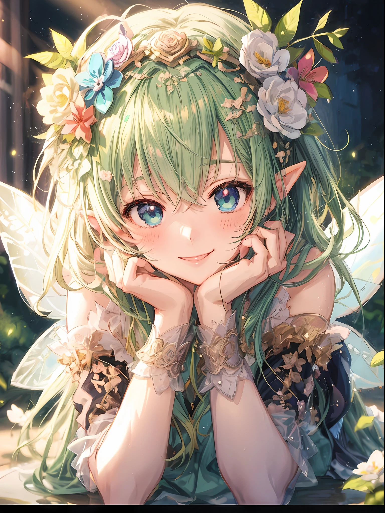 anime girl with green hair and flower crown, smiling as a queen of fairies, elf girl wearing an flower suit, elf girl, beautiful anime portrait, elf princess, anime visual of a cute girl, portrait of a fairy, detailed digital anime art, clean detailed anime art, beautiful fantasy anime, fairy aesthetics, cute anime waifu in a nice dress, detailed anime art