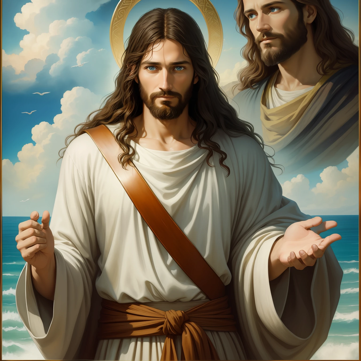Almighty God, real perfect blue eyes, A beautiful ultra-thin realistic portrait of Jesus, the prophet, a man 35 years old Hebrew brunette, short brown hair, long brown beard, with, Helping People , wearing long linen tunic closed on the chest part, in front view, full body, biblical, realistic,by Diego Velázquez,Peter Paul Rubens,Rembrandt,Alex Ross,8k, Concept Art, PhotoRealistic, Realistic, Illustration, Oil Painting, Surrealism, HyperRealistic, helping people , Digital art, style, watercolorReal Jesus flying on sky with a flying cloud in the background, Jesus walking on water, biblical illustration, epic biblical representation, forcing him to flee, coming out of the ocean, ! holding in hand!, disembarking, god of the ocean, beautiful representation, 8k 3D Model, realistic,
a 3D Realistic of jesus with a halo in the sky, jesus christ, smiling in heaven, portrait of jesus christ, jesus face, 35 young almighty god, portrait of a heavenly god, greg olsen, gigachad jesus, jesus of nazareth, jesus, the face of god, god looking at me, he is greeting you warmly, he is happy, avatar image