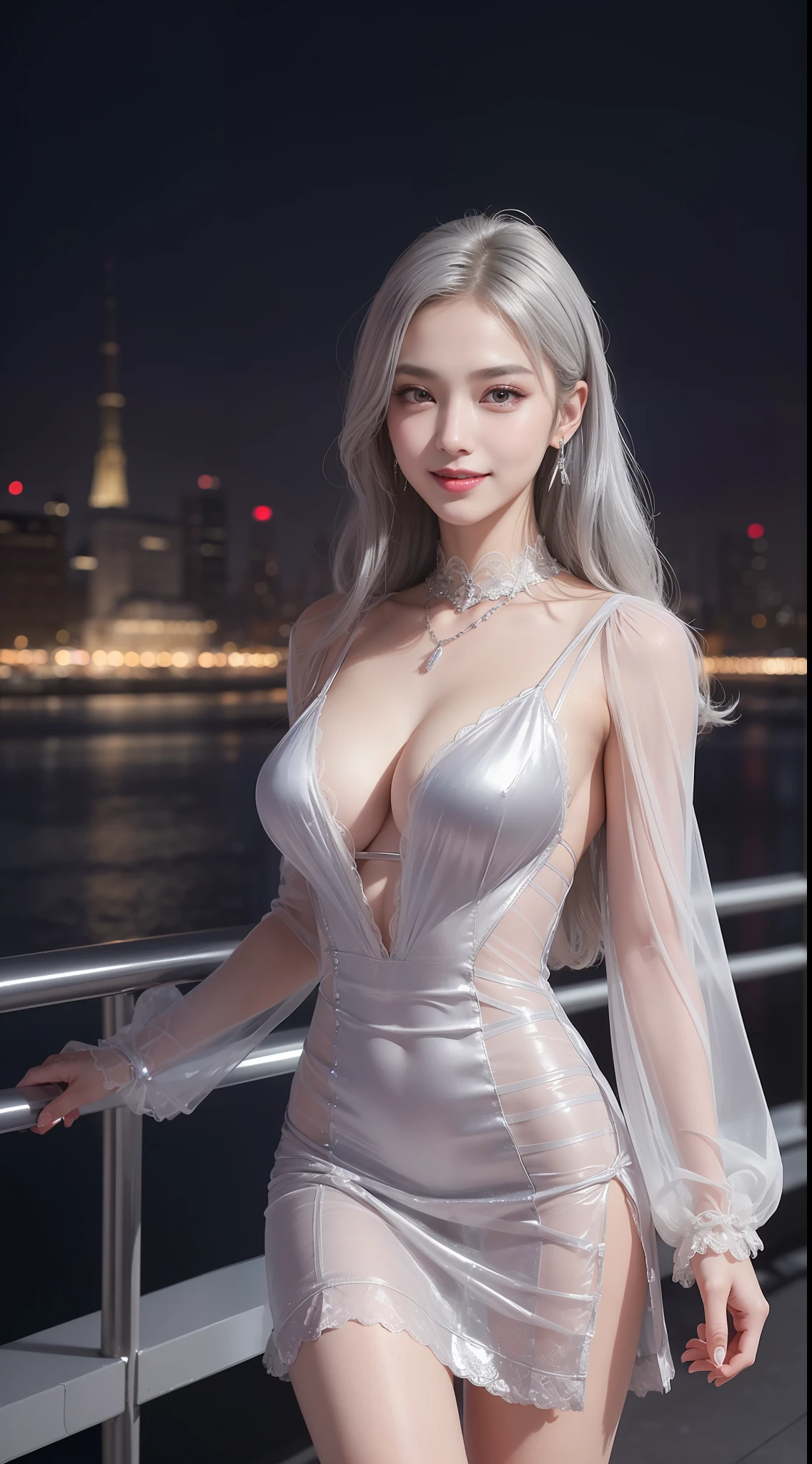 8k, masterpiece, RAW photo, best quality, photorealistic, extremely detailed CG unity 8k wallpaper, Depth of field,
Cinematic Light, Lens Flare, Ray tracing, (extremely beautiful face, beautiful lips, beautiful eyes), intricate detail face,
((ultra detailed skin)) 1girl, in the dark, deep shadow, pretty korean girl, kpop idol,(very slim slender fit-muscled body:1.3),
((looking at viewer)),(big smile:1.3), (tight midi dress), (shot sleeve) ,
(fashion city night, (neon sign), (big building), fashion street night),(no people), (without people in the background:1.3),
pretty korean girl, white diamond earrings, dia bracelets, dia necklace, pantyhose, clear eyes, walking ,
front shot, (pale skin), face forward, (big eyes), ((upper body shot)), ((silk Laced)), ((silver color dress:1.3)),
(looking at viewer:1.3), (see through),
(laced panty), open breast, large breasts