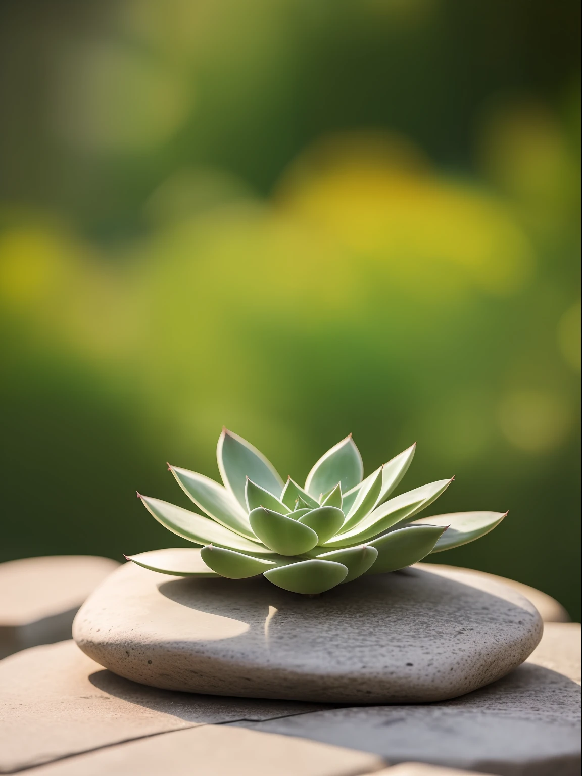 a succulent on the stone, hdr, ((complex detail, super detail)), cinematic footage, rich details, bokeh, sunsight behind,