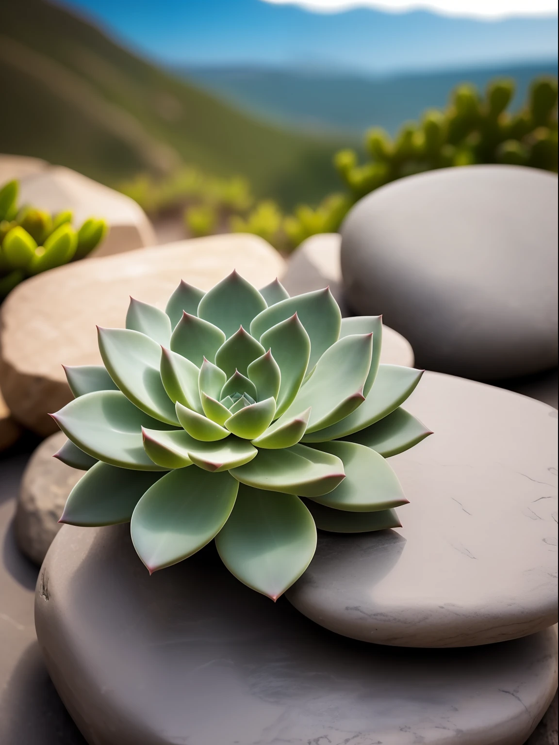 a succulent on the stone, hdr, ((complex detail, super detail)), cinematic footage, rich details, bokeh, sunsight behind,