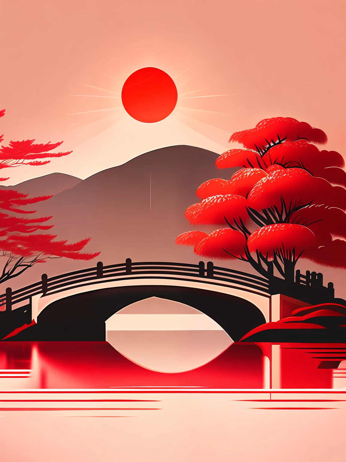 Ancient gazebo view,There is a bridge(Hangzhou style ancient bridge style),Someone crossed the bridge,There is a pine tree in front and behind the bridge,Visuals have a depth-of-field effect,Gradients of scenery,Minimalist line style,Black, white, red tones,Contrasting colors are obvious,The red sun(Gradient effect),Japanese illustration style,Transparent visual simple line design,vectorial art