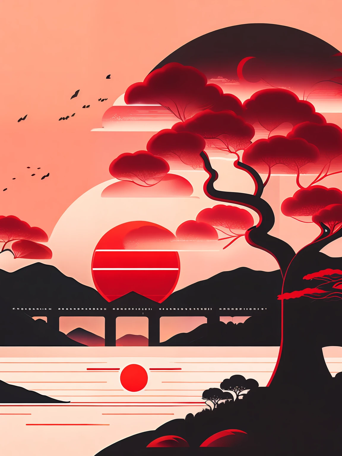 Ancient gazebo view,There is a bridge(Hangzhou style ancient bridge style),Someone crossed the bridge,There is a pine tree in front and behind the bridge,Visuals have a depth-of-field effect,Gradients of scenery,Minimalist line style,Black, white, red tones,Contrasting colors are obvious,The red sun(Gradient effect),Japanese illustration style,Transparent visual simple line design,vectorial art