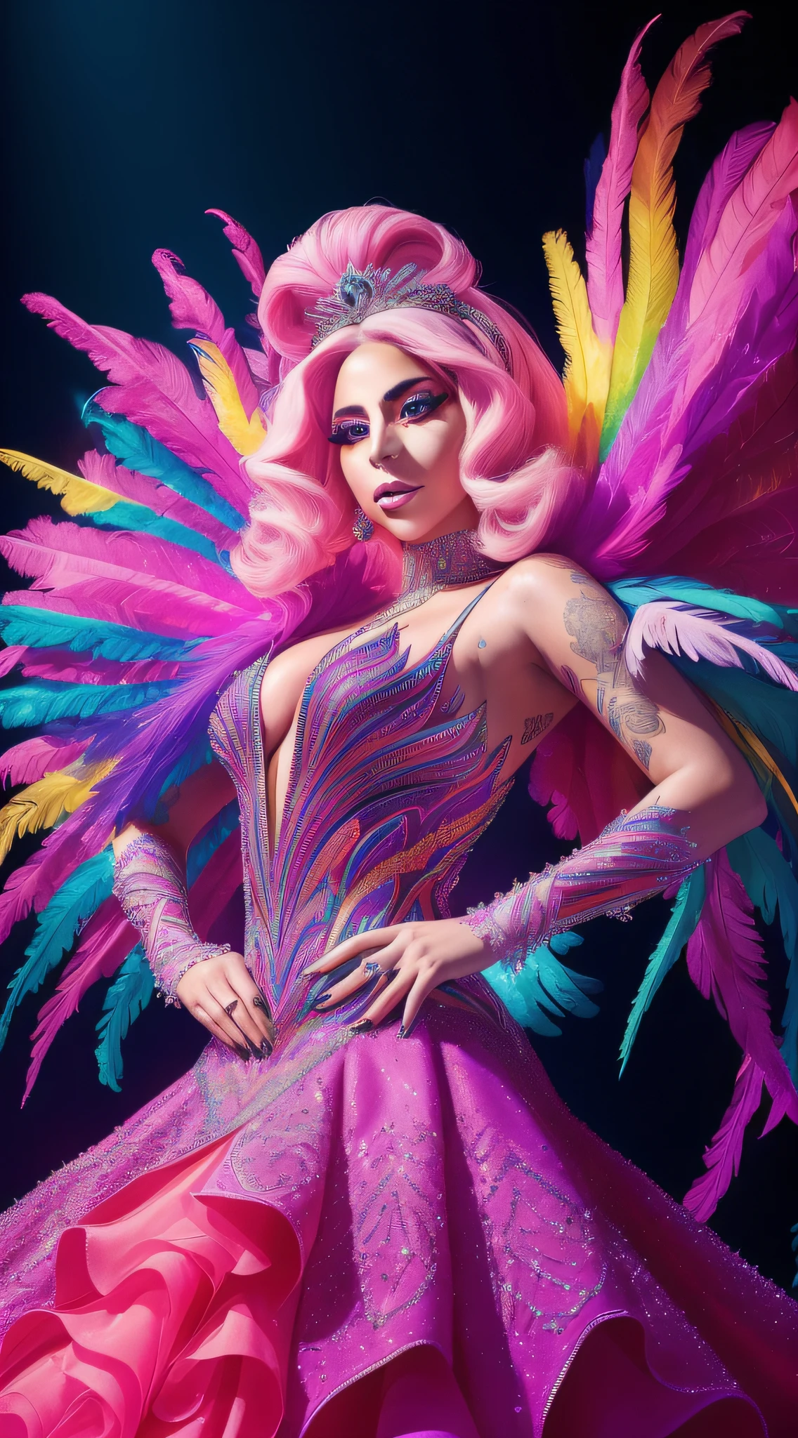 ((masterpiece, best quality, high-resolution), (vibrant, colorful), portrait of Lady Gaga:1.3, glamorous, expressive face, extravagant makeup, (sparkling dress:1.2+feathered dress), (dynamic pose:1.1+dramatic pose), (spotlight:1.1+neon lights:1.1), energetic stage performance)