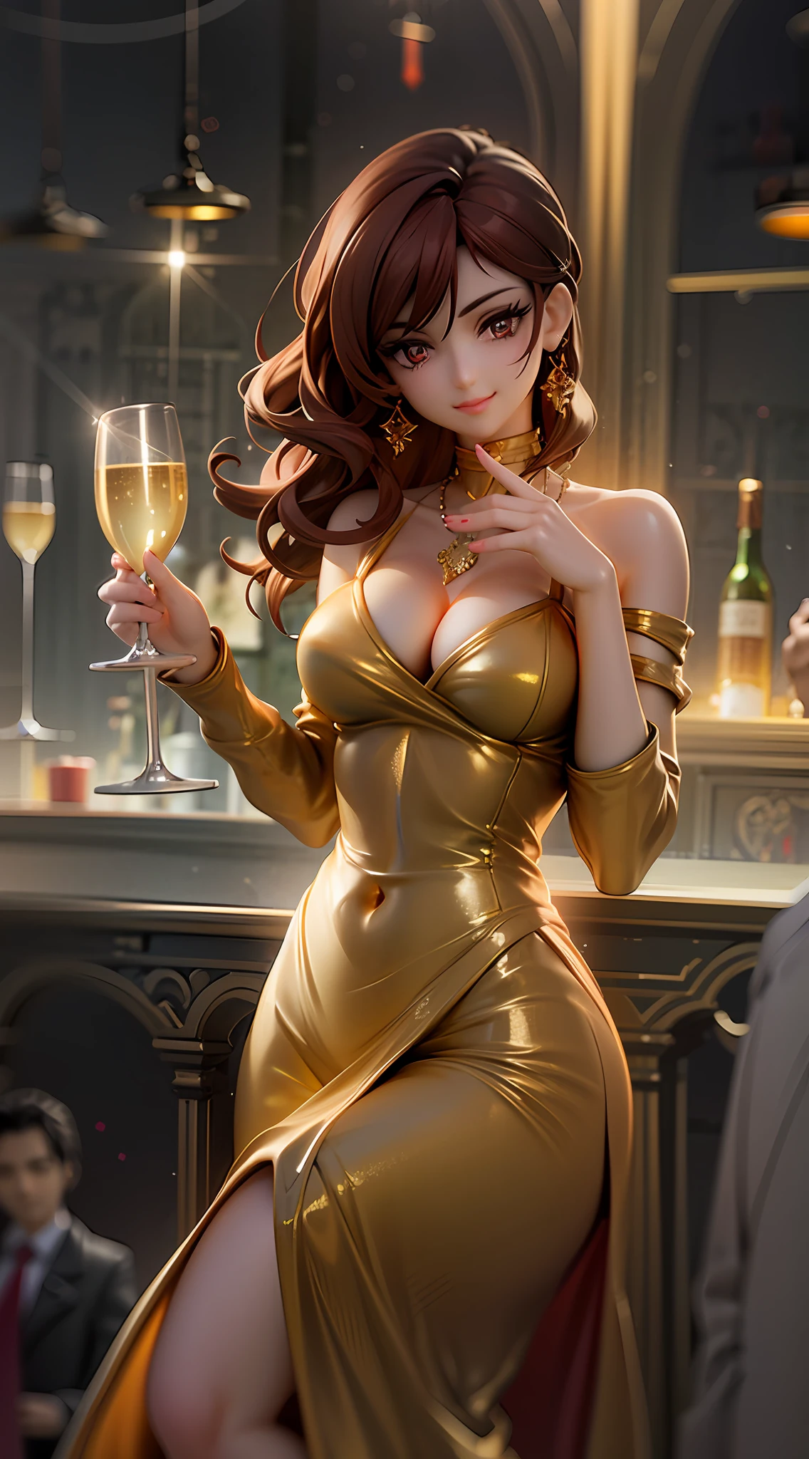 1girl, beautiful eye, smile, seductive party-goer, tantalizing smile, thin eyebrows, deep red low-neck dress, cleavage emphasized, straps adorning her shoulders, deep red hair, long and wavy cascading down her back, golden eyes, pose holding a champagne glass towards the camera, dark nightclub in the background, focus on her chest, gaze drawn to the cleavage, light from a hanging chandelier highlighting her features, curves accentuated by the dress, soft glow on her skin, sparkling diamond necklace drawing the eye down, plunging neckline revealing her allure, champagne glass reflecting the dim light, strands of hair falling playfully around her face, golden eye shadow enhancing her eyes, her smile inviting and mysterious, champagne bubbles catching the light, dress hugging her figure, body angled slightly for a flattering view, subtle makeup enhancing her natural beauty, her fingers delicately holding the champagne glass, low angle view, further emphasizing her chest, her body language open and confident, warm, low light enveloping her, creating a sensual atmosphere, her eyes full of allure and intrigue, her look radiating a daring and inviting aura, subtly blurred background to maintain focus on her, a hint of mischief in her smile,