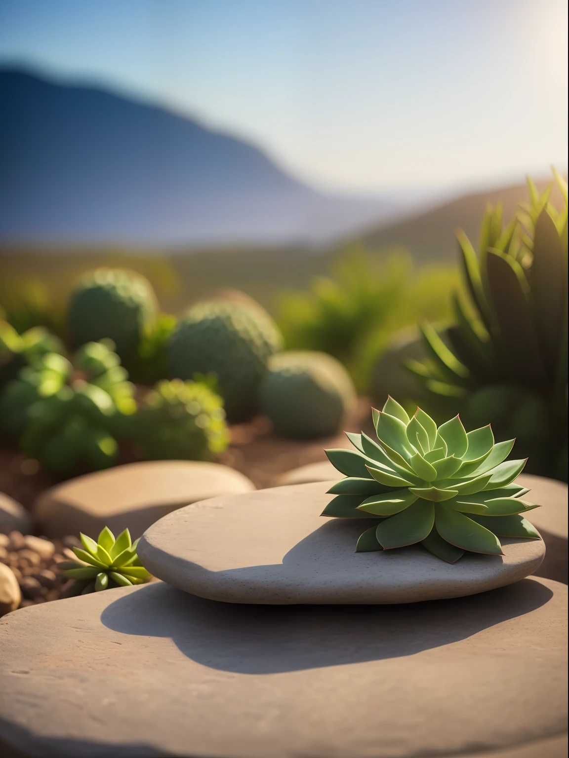 a succulent on the stone, hdr, ((complex detail, super detail)), cinematic footage, rich details, bokeh, sunsight behind,