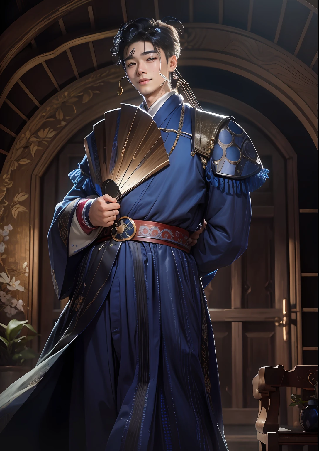 Masterpiece, hd, (8k, RAW photo:1.2), boy, ultra realistic, korean face, smile, classic korean clothes, right hand holding fan, big eyes, blue clothes