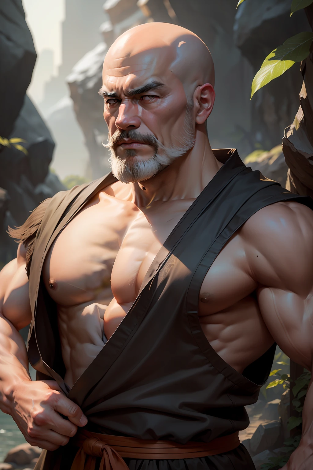 Best picture quality, tmasterpiece, 超高分辨率, Meticulous background, hentail realism, illustration, A single boy，Wilderness scene, strong muscle, voluminetric lighting, Depth of field effect, close-up all over the body, There is a beard, Monks in shabby clothes, Martial monk image, aged 40,mature, Older，bald-headed，National character face，Strong body。