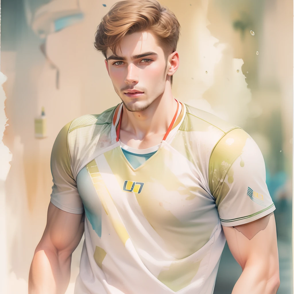 (a watercolor and pencil drawing of an incredibly handsome 25-year-old athlete with short light brown hair, um peito largo