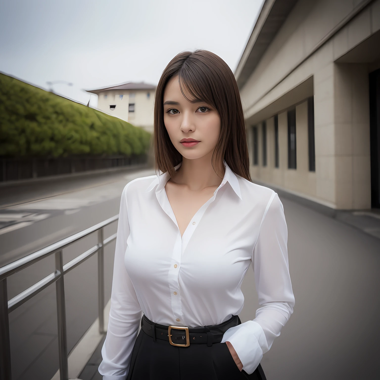 (top-quality、hight resolution、​masterpiece:1.3)、Tall and cute woman、Slender Abs、Dark brown hair styled in loose waves、 cute  face, beautiful countenance, (Lifelike face), Beautiful hairstyle, realisticeyes, beautiful detail, (real looking skin), Beautiful skins, enticing, The ultra -The high-definition, A hyper-realistic, ighly detailed, (small tits:1.3), (cleavage of the breast:0.8)、White button-up shirt、a belt、Black leather tight skirt、Like Emily O'Hara Ratajkowski Japan,breastsout、Wearing a pendant、White button-up shirt、a belt、Black leather tight skirt、(Modern architecture in background)、Details exquisitely rendered in the face and skin texture、A detailed eye、二重まぶた