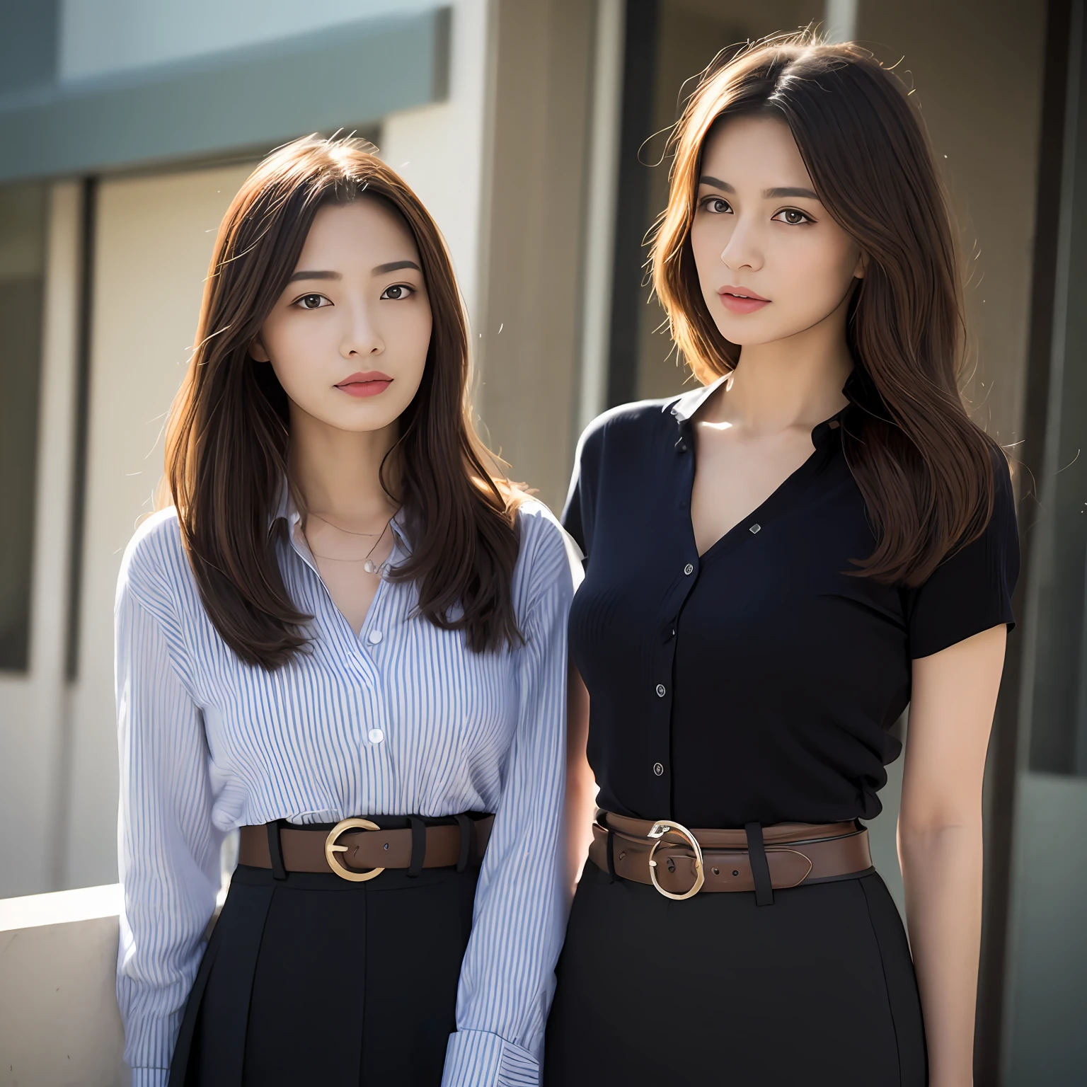 (top-quality、hight resolution、masterpiece:1.3)、Tall and cute woman、Slender Abs、Dark brown hair styled in loose waves、 cute face, beautiful countenance, (Lifelike face), Beautiful hairstyle, realisticeyes, beautiful detail, (real looking skin), Beautiful skins, enticing, The ultra -The high-definition, A hyper-realistic, ighly detailed, (small tits:1.3), (cleavage of the breast:0.8)、White button-up shirt、a belt、Black leather tight skirt、Like Emily O'Hara Ratajkowski Japan,breastsout、Wearing a pendant、White button-up shirt、a belt、Black leather tight skirt、(Modern architecture in background)、Details exquisitely rendered in the face and skin texture、A detailed eye、二重まぶた
