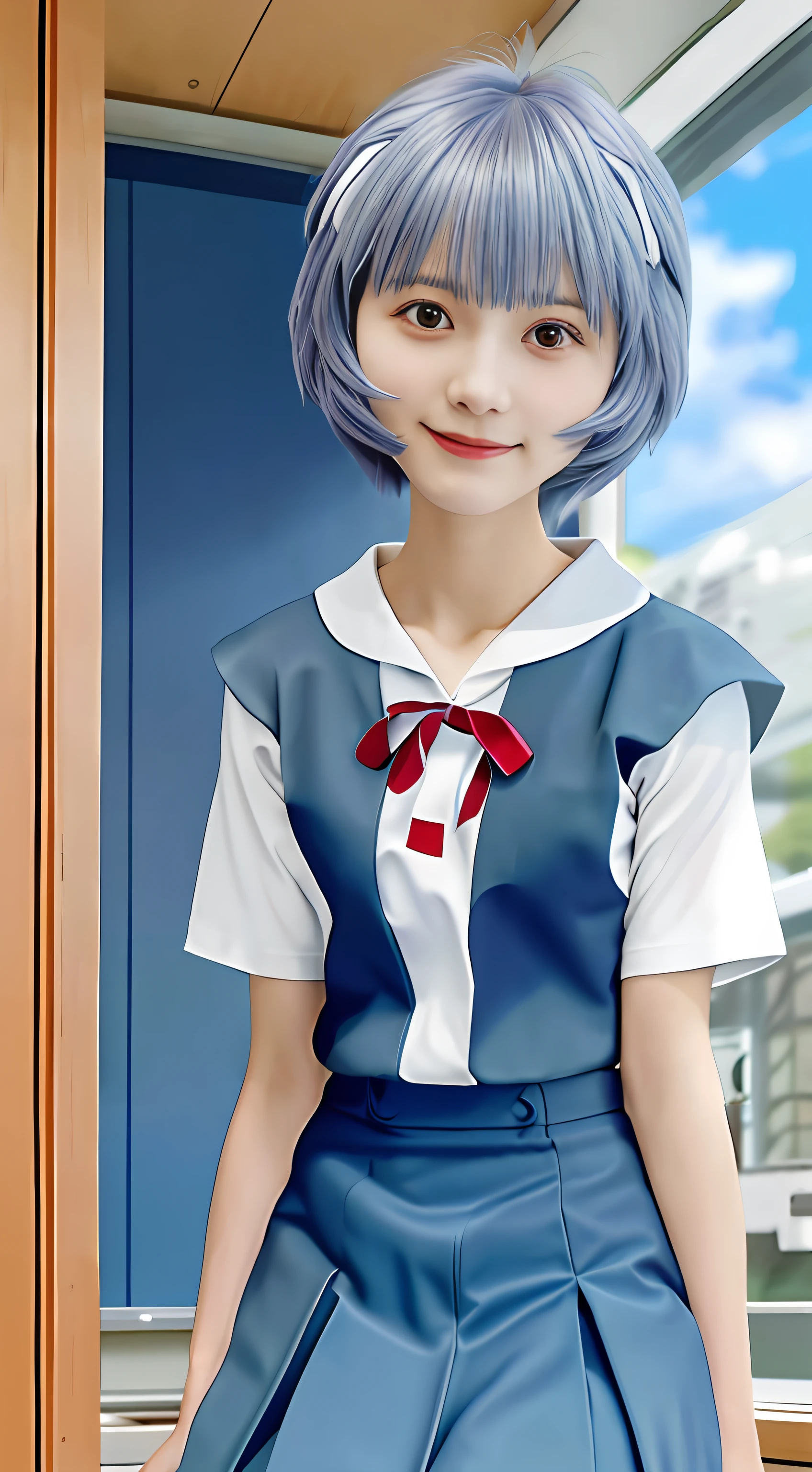 1 rapariga, Ayanami, evangerion, 8K, top-quality, 校服, Classroom, kindly smile, sit a chair, Dusk light, look at viewr、 student