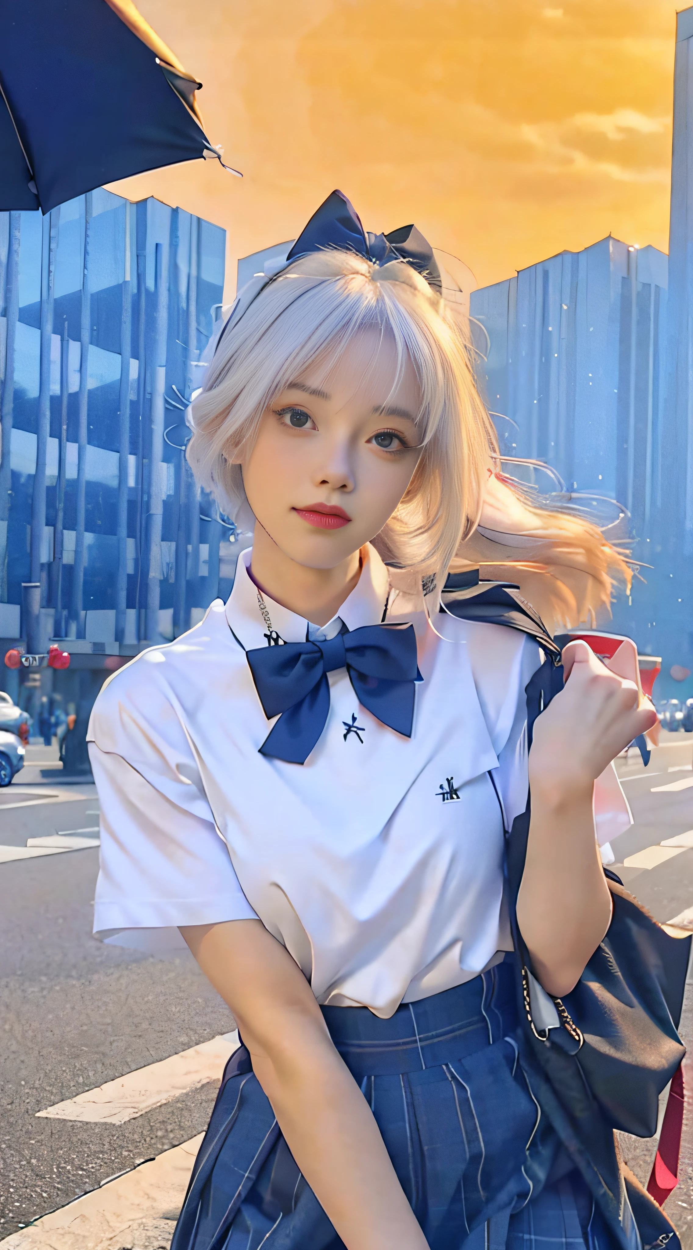 (8k, RAW photo, masterpiece:1.3), (realistic, photo-realistic:1.37), (night), (looking at viewer:1.331), (white hair), posing, Tokyo street, nightcityscape, cyberpunk city, soft light, 1girl, extremely beautiful face, bust, put down hands, Random hairstyle, Random expression, big eyes, lower abdomen, (short-sleeved .JK_shirt), JK_style, (dark blue JK_skirt), (bow JK_tie), mix4., best quality