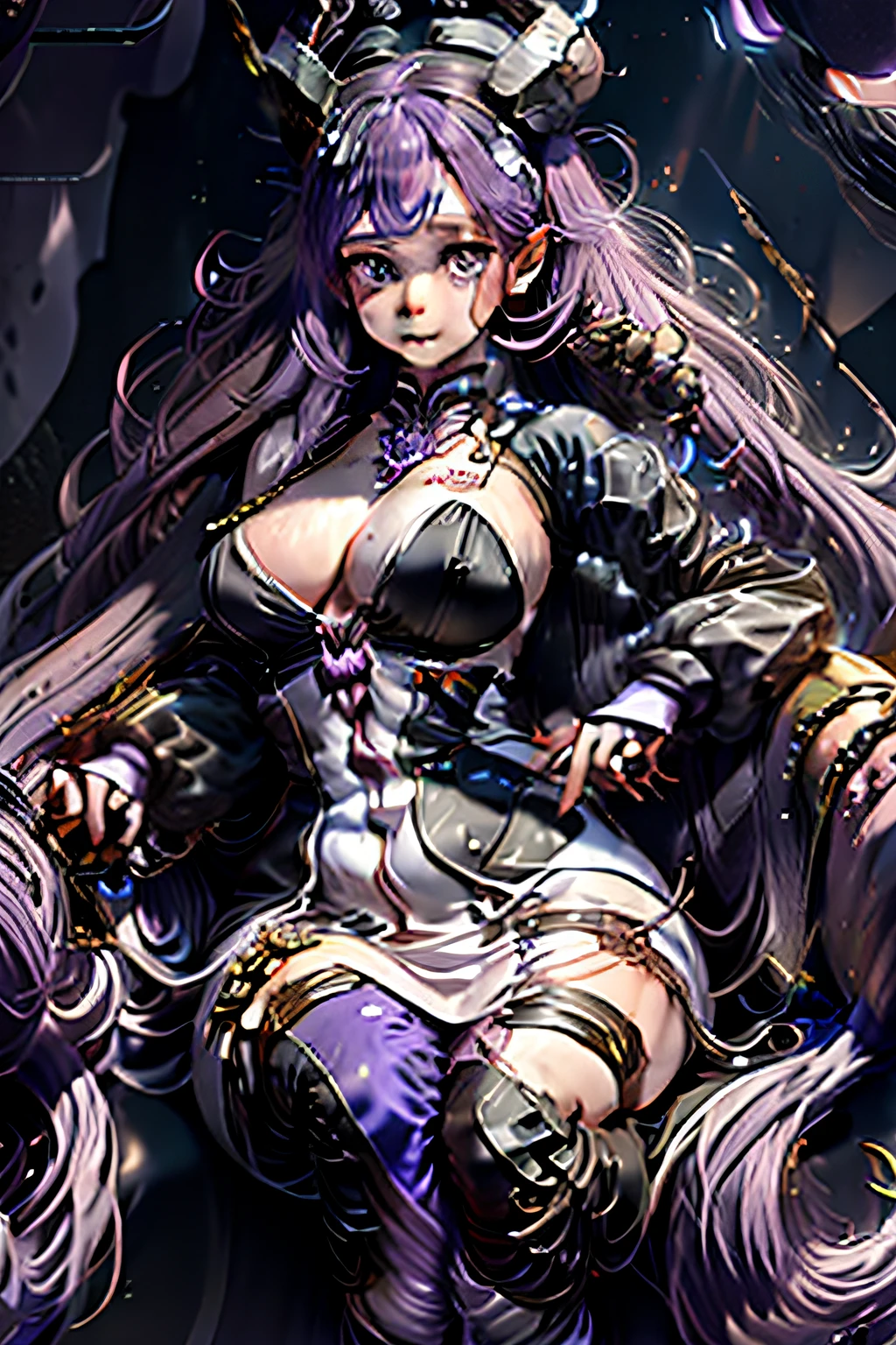 A two-dimensional woman who produces a pair of purple hair，Girl body type，long whitr hair，Two small horns are tied out of the hair on the top of the head，Wearing a small dress in white with purple，Wearing black silk，Plump body shape