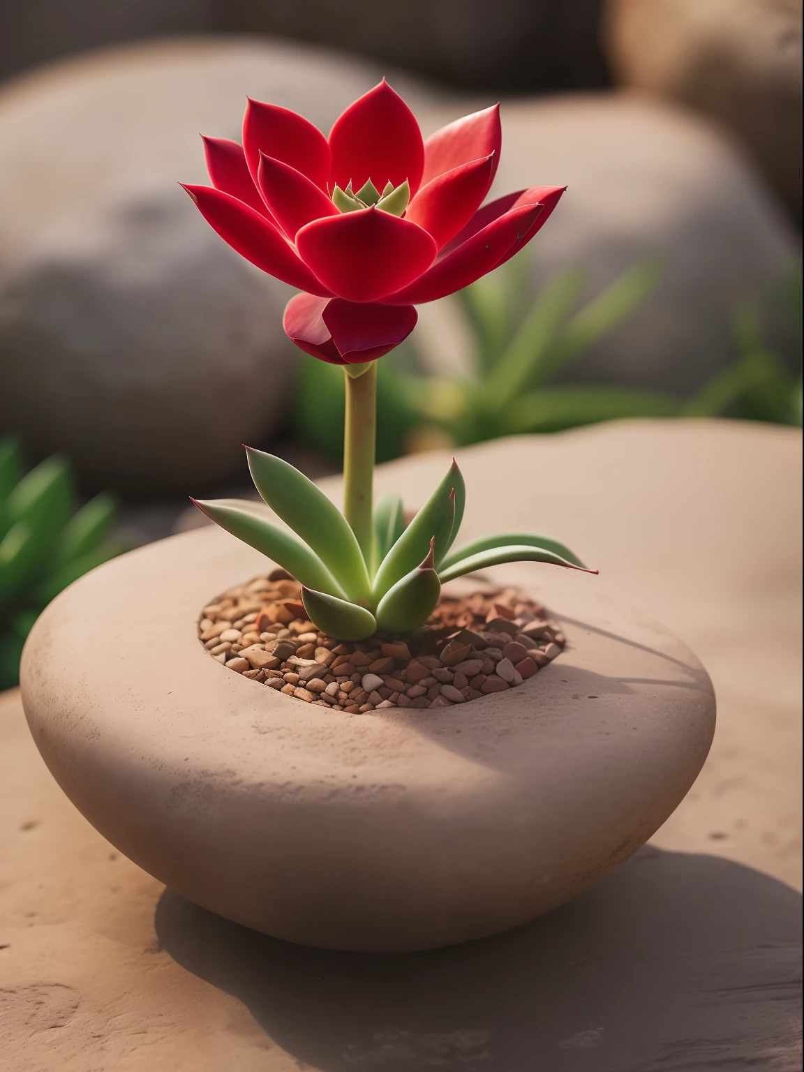 a red succulent on the stone, hdr, ((complex detail, super detail)), cinematic footage, rich details, bokeh, sunsight behind,