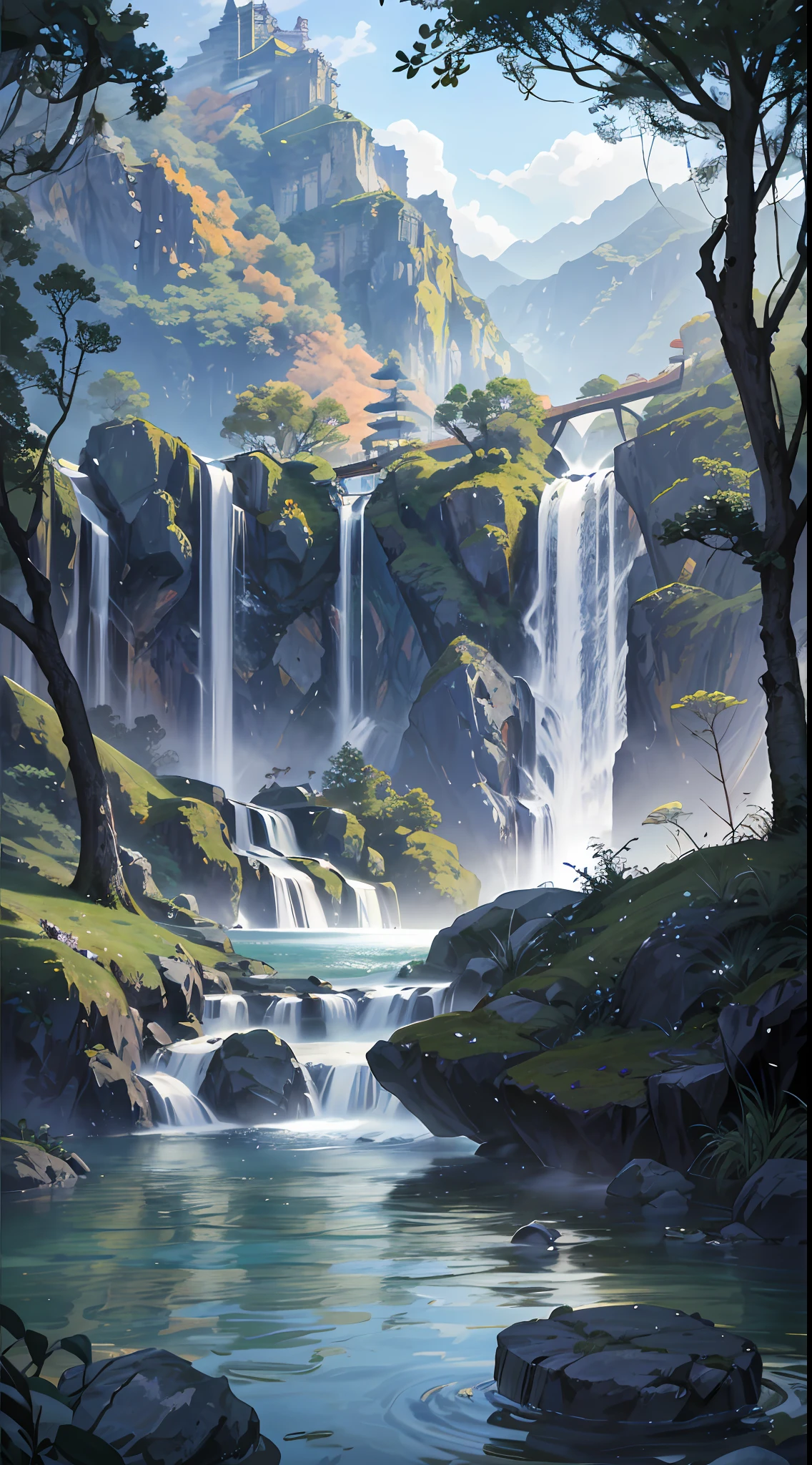 Chinese antiquity、springtime、jungles、lakes、hole in the mountains、waterfallr，The tree、grassy fields、Rochas、fawn、hot onsen、hydrosphere、（illustratio：1.0）、Epic composition、Realistic lighting、high definition detail、tmasterpiece、Best quality，Take real photos，Live-action presentation（非常详细的 CG 统一 8k 壁纸）