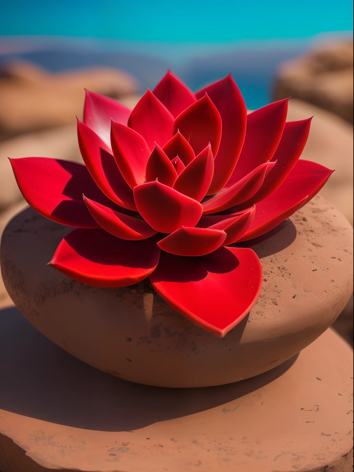 a red succulent on the stone, hdr, ((complex detail, super detail)), cinematic footage, rich details, bokeh, sunsight behind,