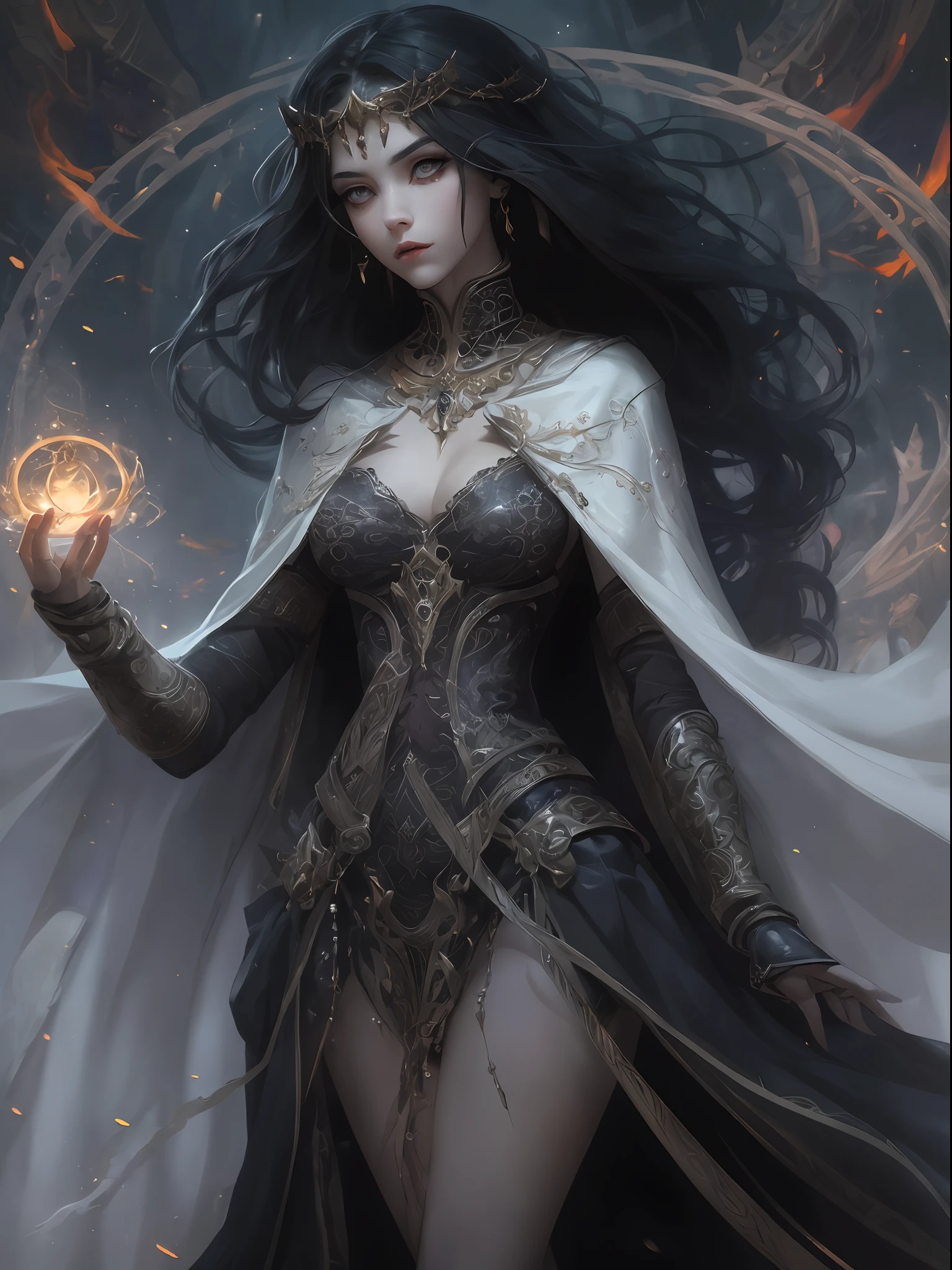 high details, best quality, 8k, [ultra detailed], masterpiece, best quality, (extremely detailed), dynamic angle, ultra wide shot, photorealistic, fantasy art, dnd art, dark fantasy art, realistic art, gothic art, an ultra wide, full body (intense details, Masterpiece, best quality: 1.5), picture of a female human (1.5 intricate details, Masterpiece, best quality) priestess of death ((pale white magical aura)), controlling a swirling magic (1.5 intense details, Masterpiece, best quality), manipulating [[magical sigils]] (1.5 intricate details, Masterpiece, best quality), human female, black  hair, pale skin,  long black hair with pale white aura, black hair with pale touch, white eyes, pale eyes, intense eyes,  ((glowing eyes)), black dress (intense details, Masterpiece, best quality: 1.5), red cloak (intense details, Masterpiece, best quality: 1.5), high heeled boots, (intense details, Masterpiece, best quality: 1.5), fantasy dark temple background, ((death worship atmosphere)), high details, depth of field (intense details, Masterpiece, best quality: 1.5),best quality, highres, ultra wide angle