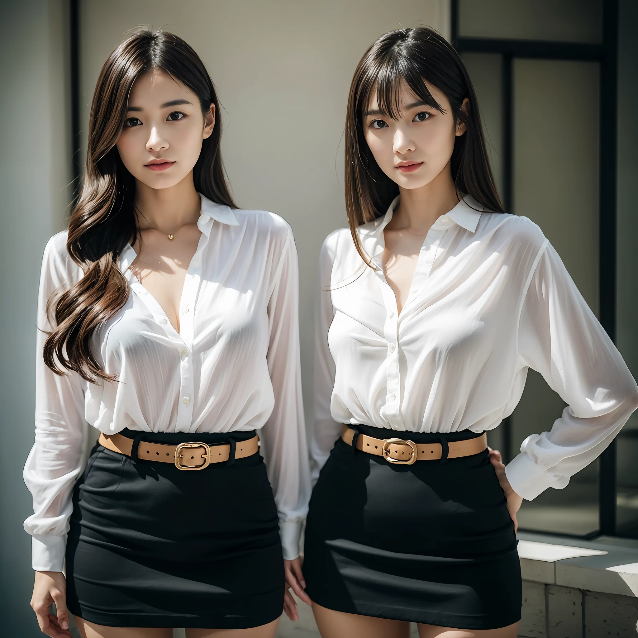 (​masterpiece:1.3), (8K, Photorealsitic, Raw photography, top-quality: 1.4), (1girl in), A pretty woman with perfect figure:1.4, cute  face, beautiful countenance, (Lifelike face), Beautiful hairstyle, realisticeyes, beautiful detail, (real looking skin), Beautiful skins, enticing, The ultra -The high-definition, A hyper-realistic, ighly detailed, (small tits:1.3), (cleavage of the breast:0.8)、White button-up shirt、a belt、Black leather tight skirt、Like Emily O'Hara Ratajkowski Japan, Semi-long curly hair、bangss、(Brown hair、small tits1.3)、(slim figure))、Kojiri、(small and beatiful model pose、is standing