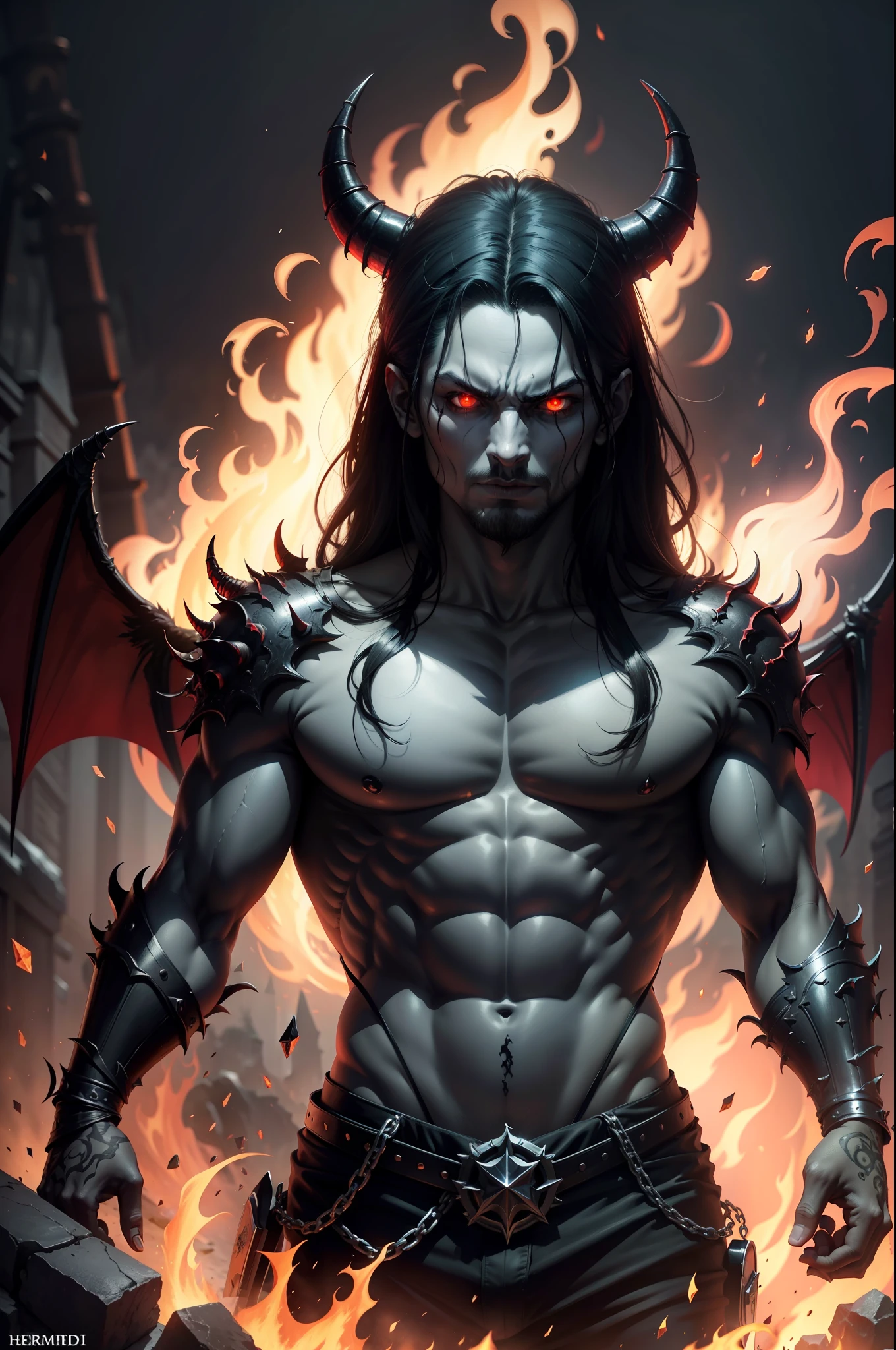 Highest quality, tmasterpiece, A demon monster with black scales, devil horns,The demons,Hellbringers,hell,There was a fire burning all around,Bloody red eyes,ugliness,Exaggeration,Fierce,Burning all over the body, hell, hell,Ghastly,Cinematic lighting, back lit lighting, 8K, Super detail, High details, High quality, Best quality, A high resolution