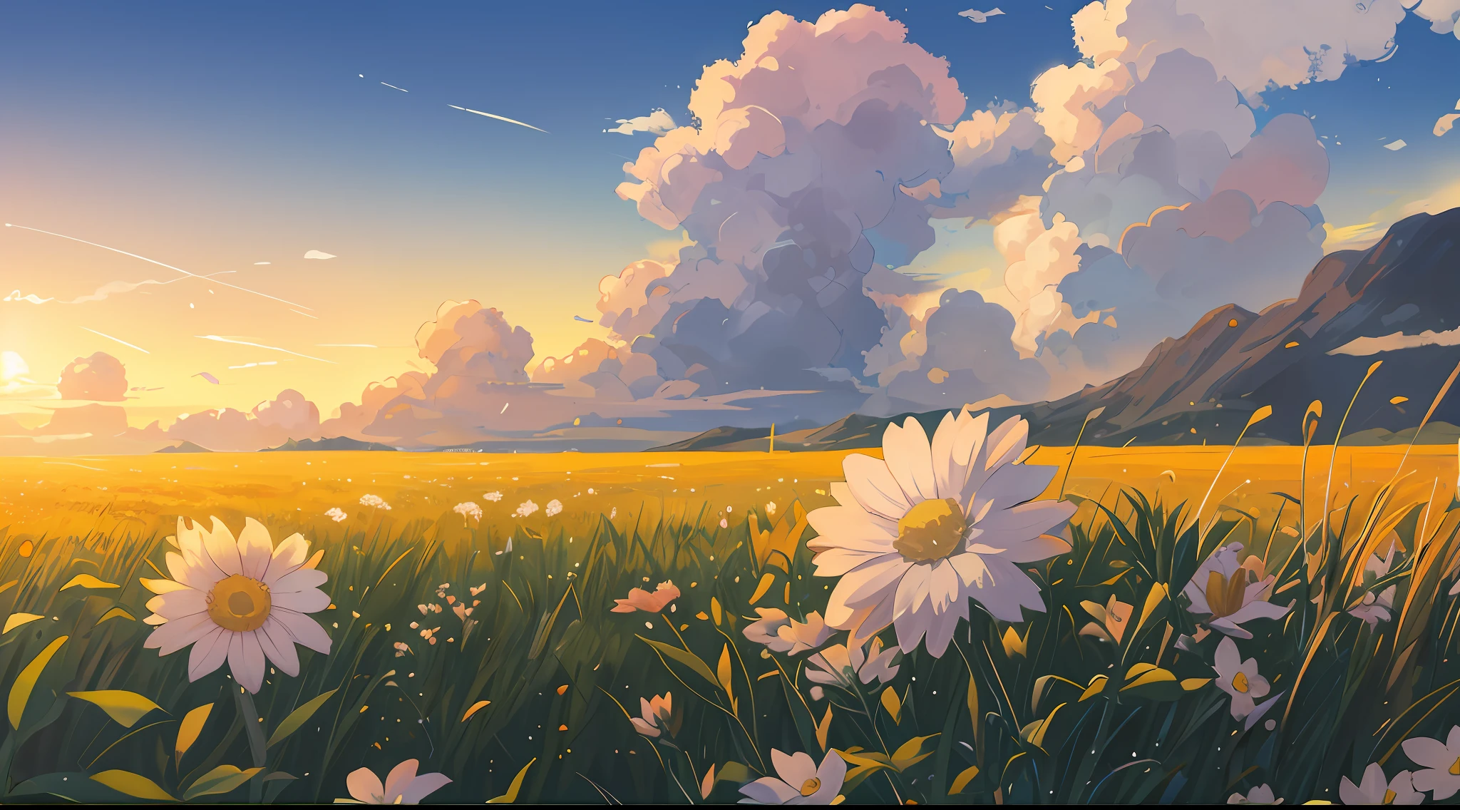 There is a painting of a field with flowers and clouds, Fundo do anime, arte de fundo do anime, papel de parede de paisagem anime, fundo do filme anime, anime bela cena de paz, paisagem campestre anime, Anime Wallpaper 4k, 4k anime wallpapers, beautiful anime scenery, Papel de parede anime 4k, Anime Art Wallpaper 8K, Anime Art Wallpaper 4K, Anime Art Wallpaper 4K