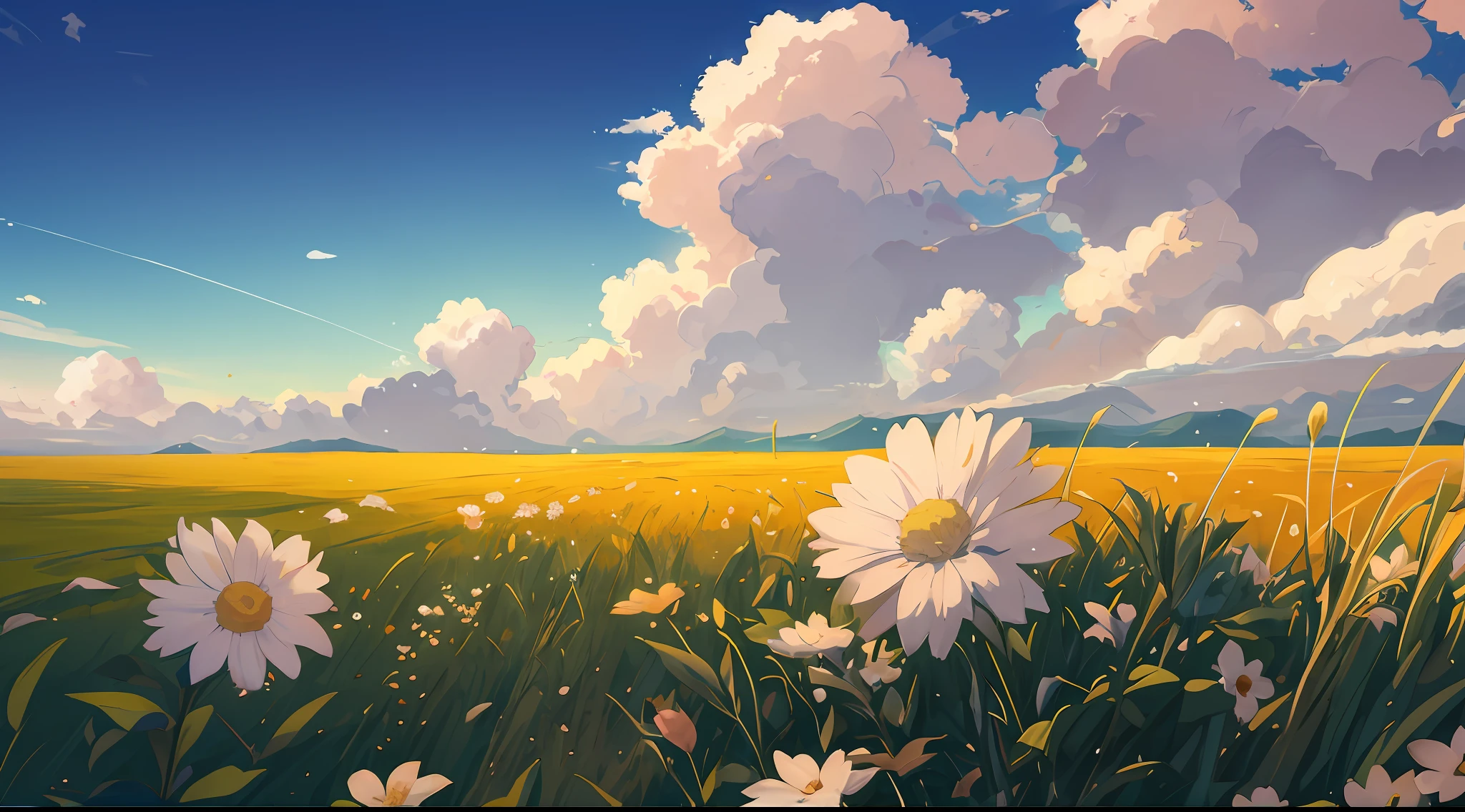 There is a painting of a field with flowers and clouds, Fundo do anime, arte de fundo do anime, papel de parede de paisagem anime, fundo do filme anime, anime bela cena de paz, paisagem campestre anime, Anime Wallpaper 4k, 4k anime wallpapers, beautiful anime scenery, Papel de parede anime 4k, Anime Art Wallpaper 8K, Anime Art Wallpaper 4K, Anime Art Wallpaper 4K