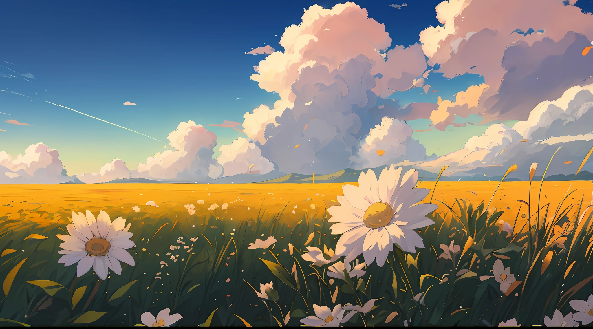 There is a painting of a field with flowers and clouds, Fundo do anime, arte de fundo do anime, papel de parede de paisagem anime, fundo do filme anime, anime bela cena de paz, paisagem campestre anime, Anime Wallpaper 4k, 4k anime wallpapers, beautiful anime scenery, Papel de parede anime 4k, Anime Art Wallpaper 8K, Anime Art Wallpaper 4K, Anime Art Wallpaper 4K