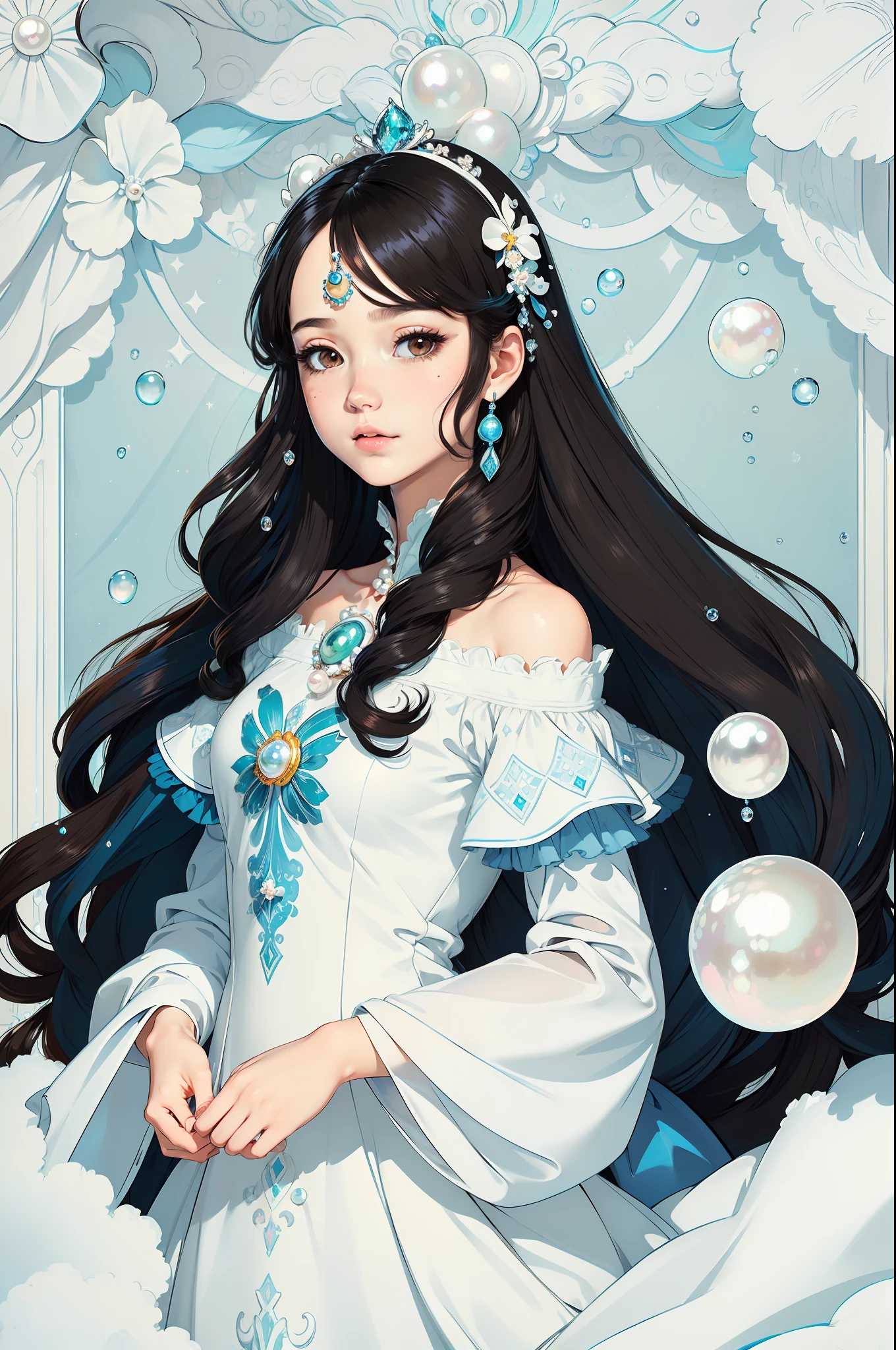 (((Masterpiece)), high quality, super detailed, black hair + blue clothing: 1.2, sweet and delicate girl, delicate facial features, face with pearl decoration, surrounding bubbles, bright bright colors, pearl white background, romantic long hair, natural light, warm and sweet, brown eyes, gorgeous hair decoration.