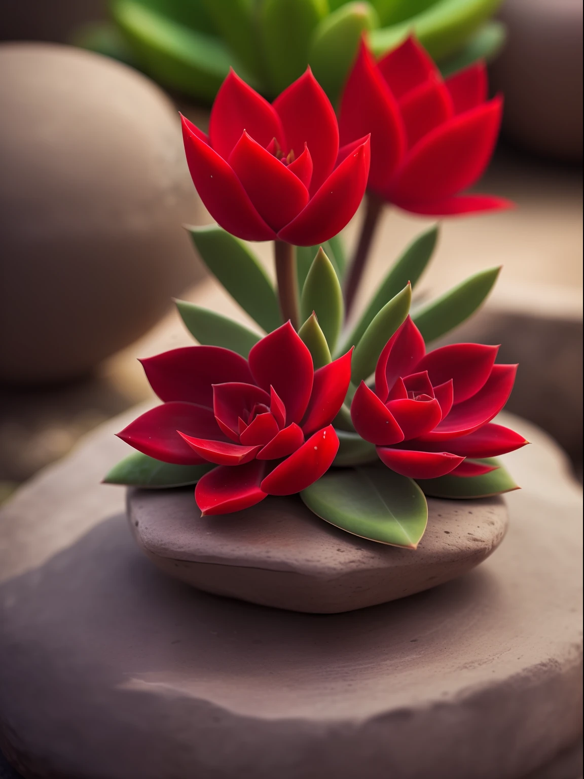 a red succulent on the stone, hdr, ((complex detail, super detail)), cinematic footage, rich details, bokeh, deep dark background