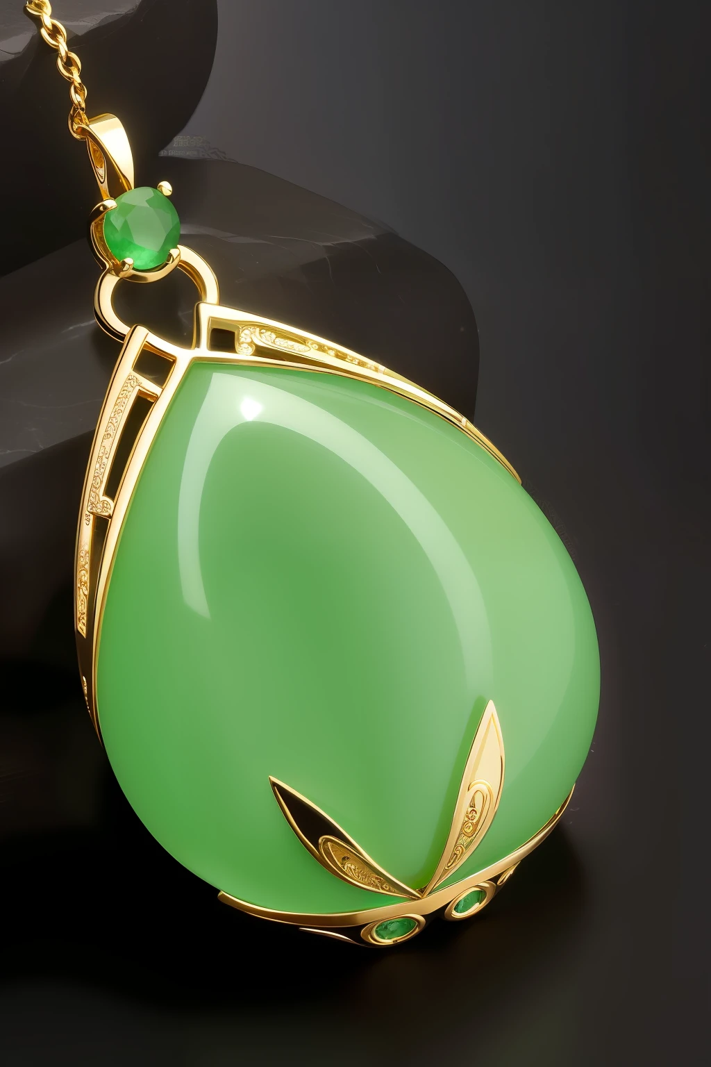 A delicate jadeite charm，Set in yellow gold，a jewellery design，High quality jewelry，with black background，Chinese art