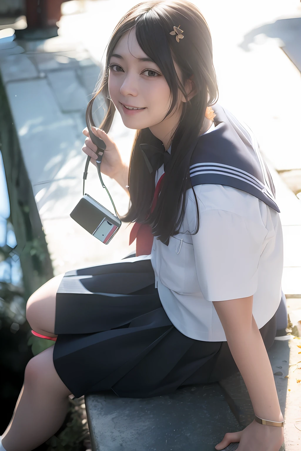 there is a woman sitting on a ledge with a cell phone, wearing a Japanese school uniform, seifuku, close up iwakura lain, Kantai collection style, Japanese school uniform, taken with canon 8 0 d, japanese girl school uniform, of a youthful japanese girl, girl in uniform, portrait of a japanese teen, iwakura lain, Ayaka cosplay