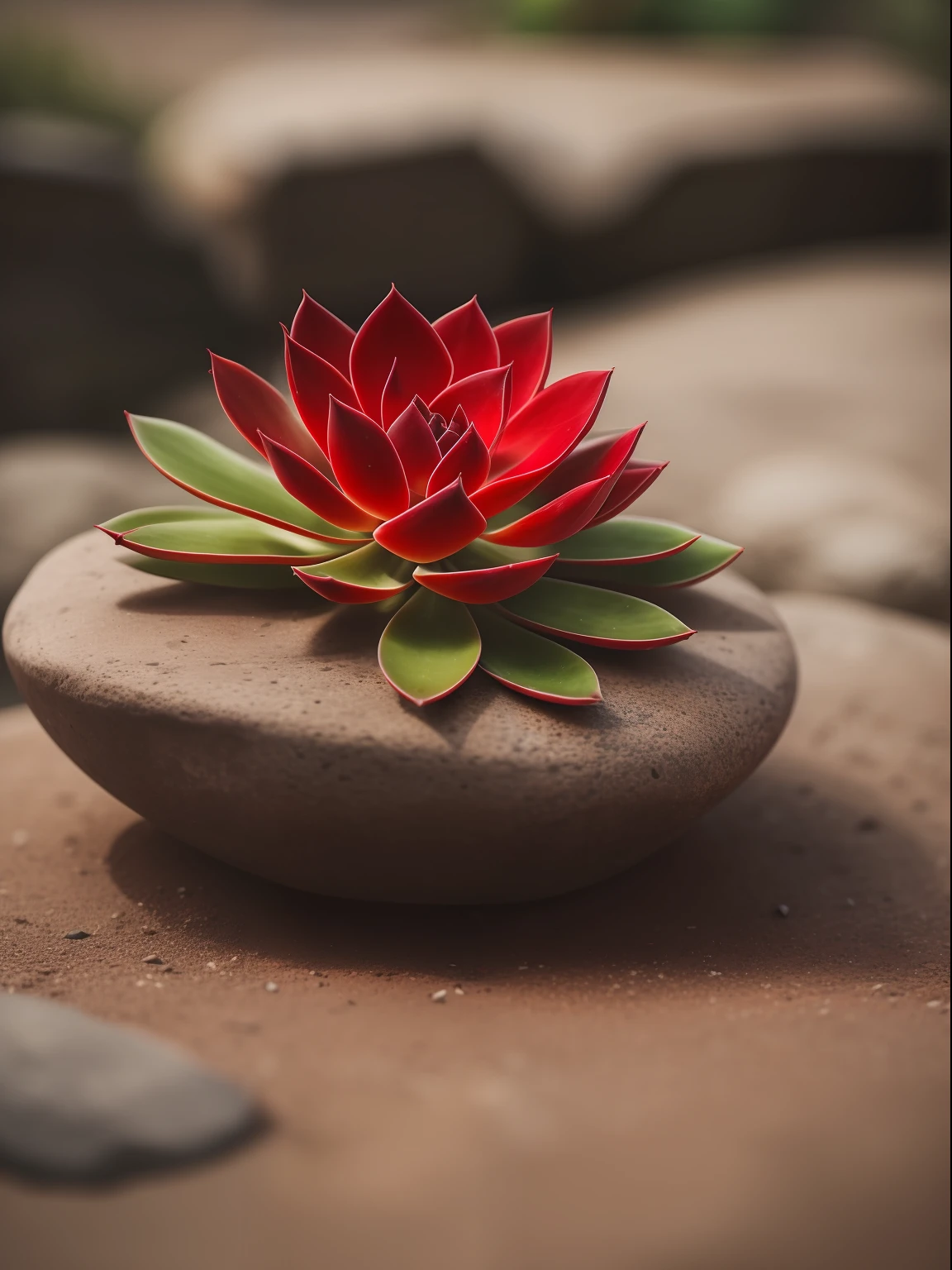 a red succulent on the stone, hdr, ((complex detail, super detail)), cinematic footage, rich details, bokeh, deep dark background