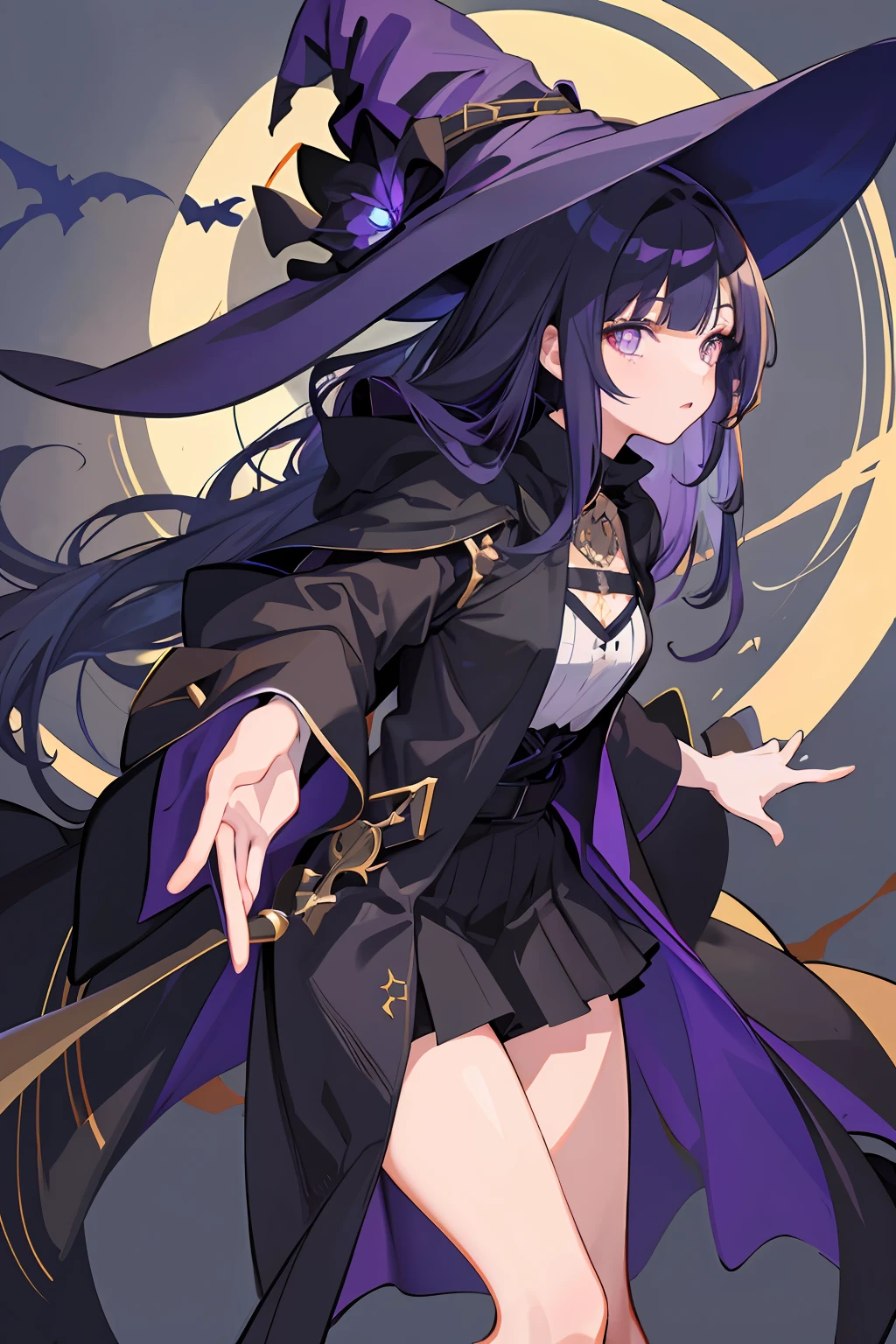 1 girl,witch, solo, long hair, (((witch attire))) , (((witch hat))) , masterpiece, perfect composition, detailed, detailed character, purple eyes, blunt bangs, dark blue hair, beautiful face, really beautiful face.