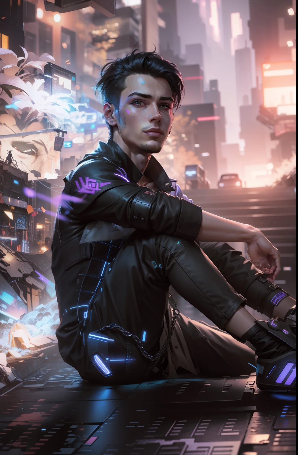 Change background cyberpunk handsome boy realistic face