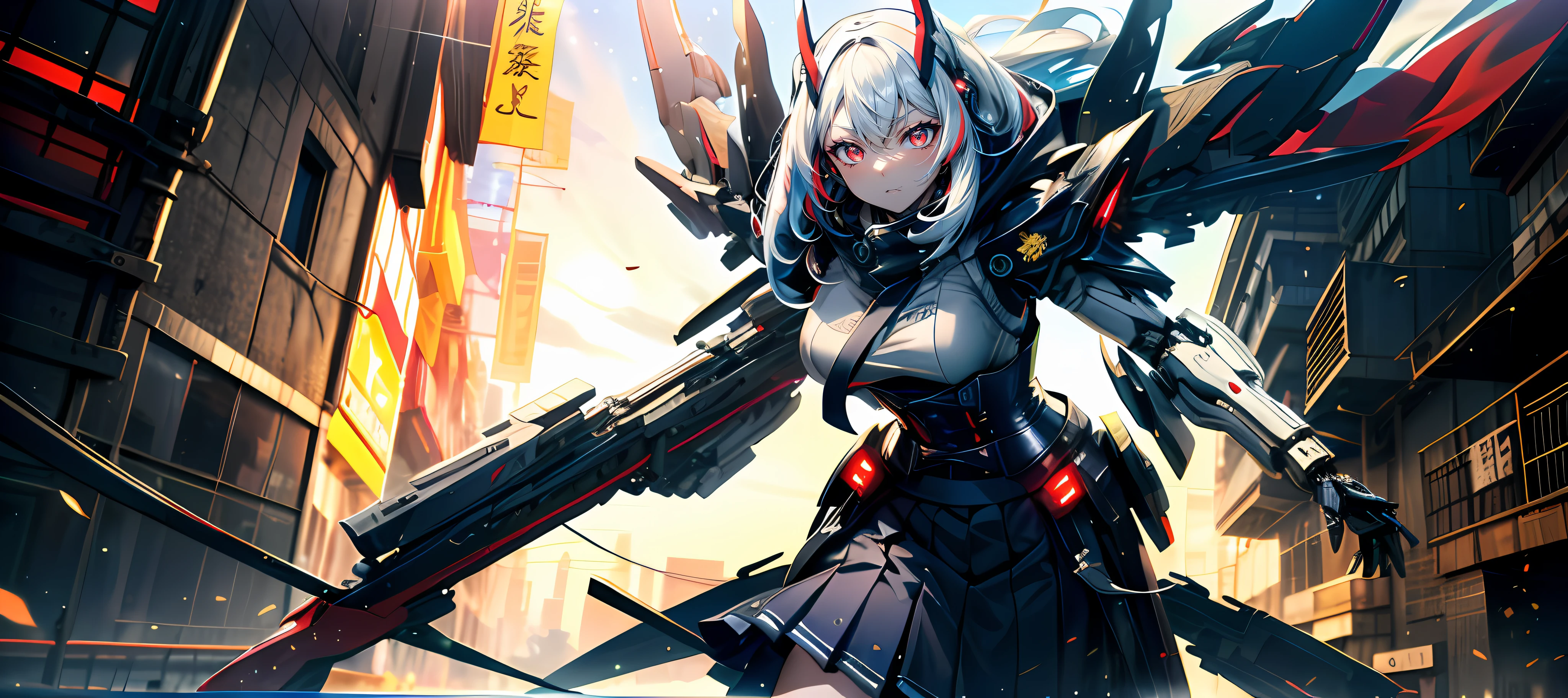 Masterpiece, Best quality, Ultra-detailed, very detailed illustration, Extremely detailed, Intricate details, A high resolution, super complex detail, extremely detailed 8k cg wallpape, Cowboy shot, Caustics, Reflection, Ray tracing, Demon Theme, Starcloud, Dark aura, cyber effect, (1girll, Solo, Alone:1.4), Mecha musume, mechanicalparts, robotjoints, single mechanical arm, Headgear, (White sweatshirt upper:1.4), mecha corset, (Loose skirt:1.3), Lower body armor, (Mechanical wing with a Japanese flag pattern:1.2), White long hair, hair between eye, multicolored hair, Colored inner hair, Red eyes, glowing light eyes, eye trail, Expressionless, random action, Ancient Japanese architecture, pond, Starry sky, skylines