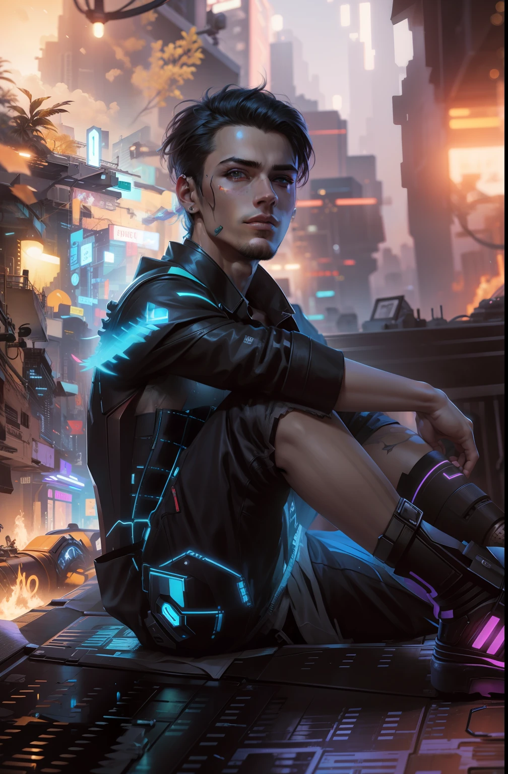 Change background cyberpunk handsome boy realistic face