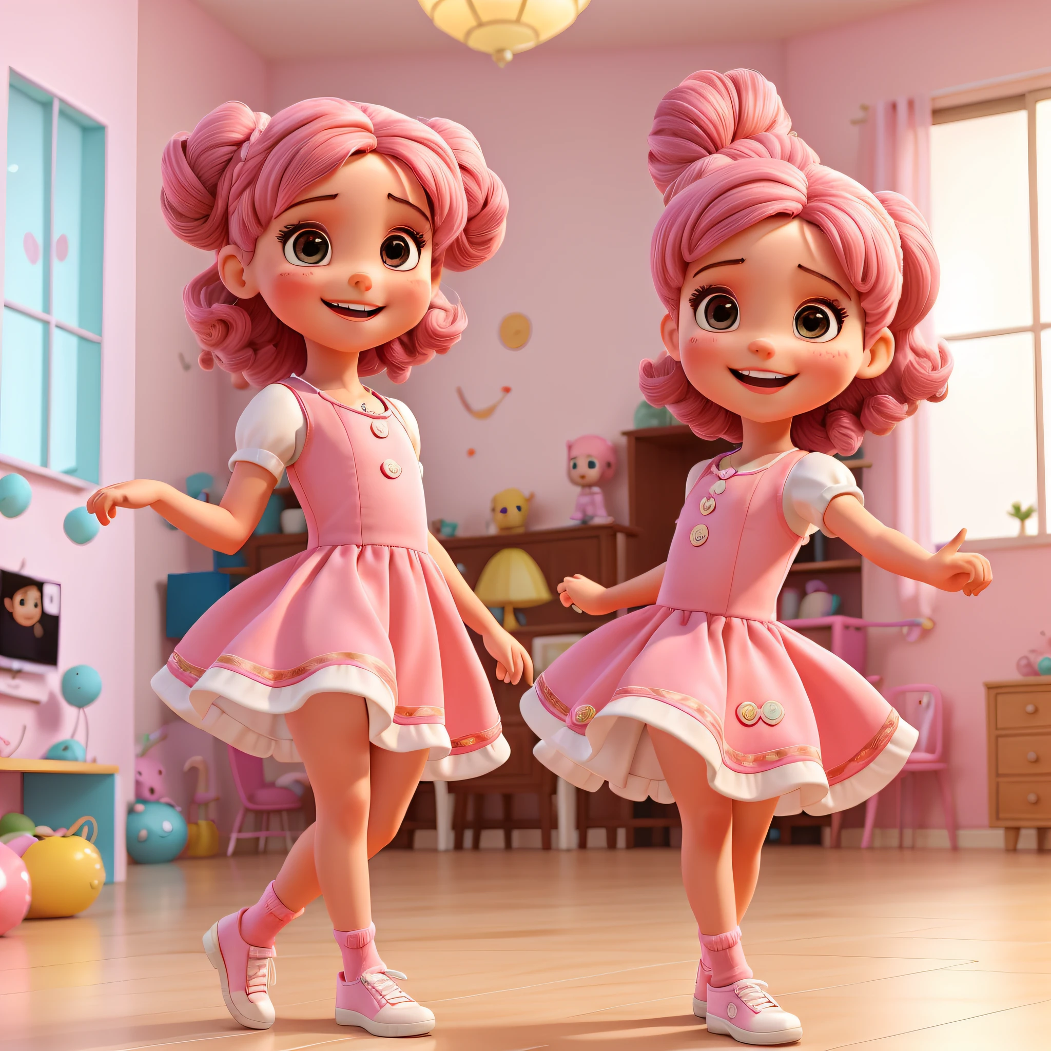 Marina, uma de 3 anos com cabelosrosae olhos castanhos, is dancing in your living room. She is wearing a pink dress and white shoes. She's smiling and laughing as she dances. She's twirling and bouncing up and down. She's having a great time..