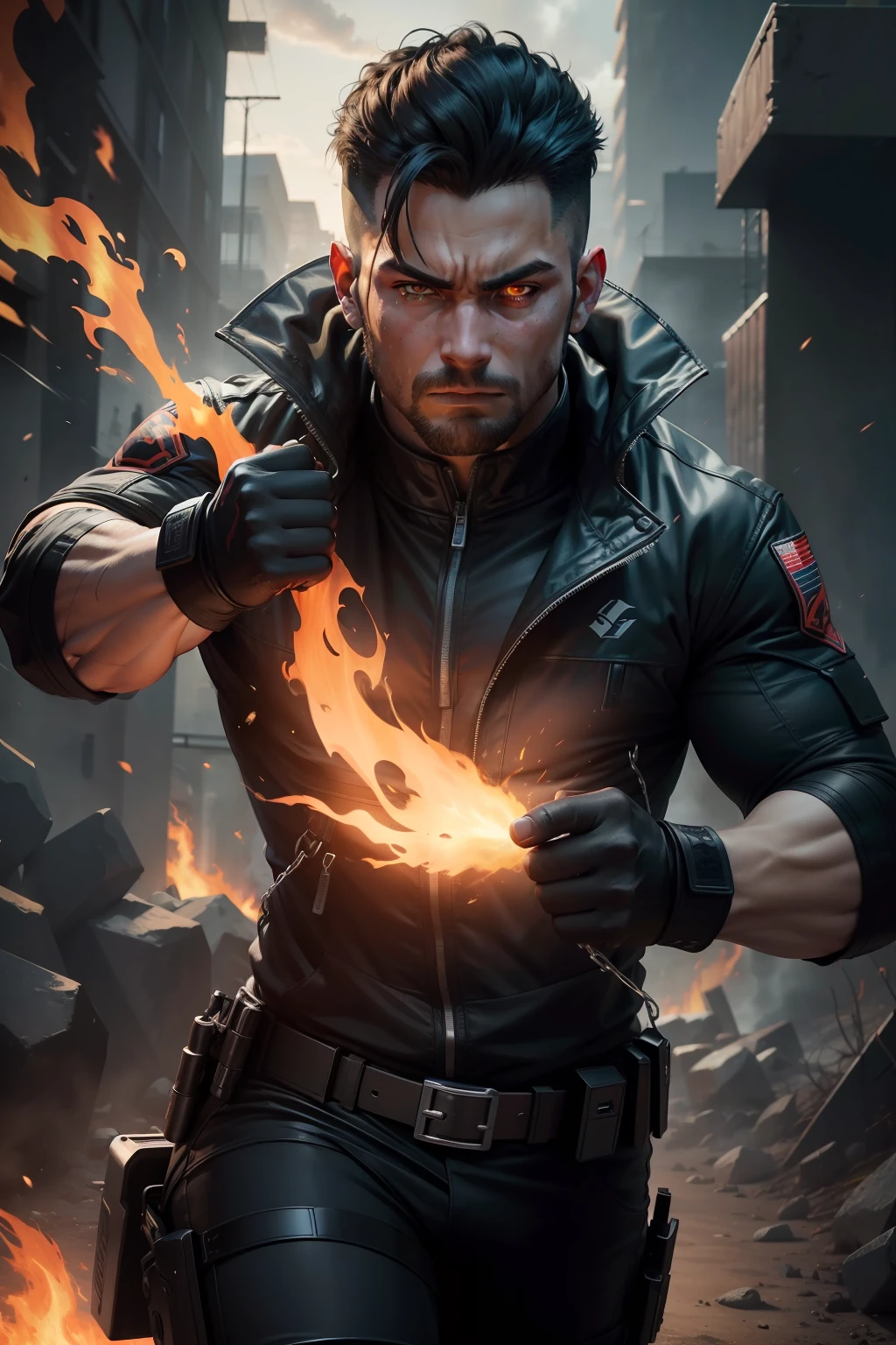(((master part))), alta qualidade, intense action scene, um novo agente chamado "Storm fire", a combination of Brimstone's tactical skills with Sova's precision. Masculino